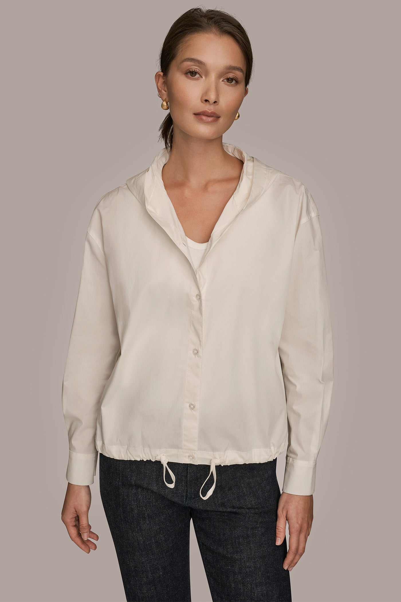 LONG SLEEVE BUTTON DOWN HOODED SHIRT | View 1 | Donna Karan Weekend LONG SLEEVE BUTTON DOWN HOODED SHIRT | View 1 | Donna Karan Weekend