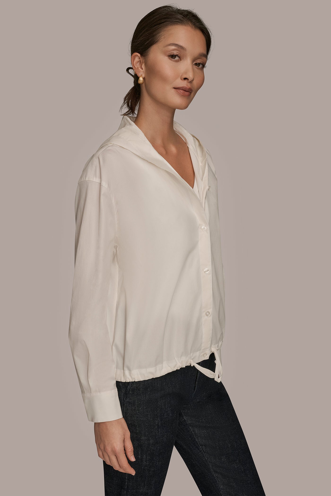 LONG SLEEVE BUTTON DOWN HOODED SHIRT VIEW 3 | Donna Karan Weekend LONG SLEEVE BUTTON DOWN HOODED SHIRT VIEW 3 | Donna Karan Weekend