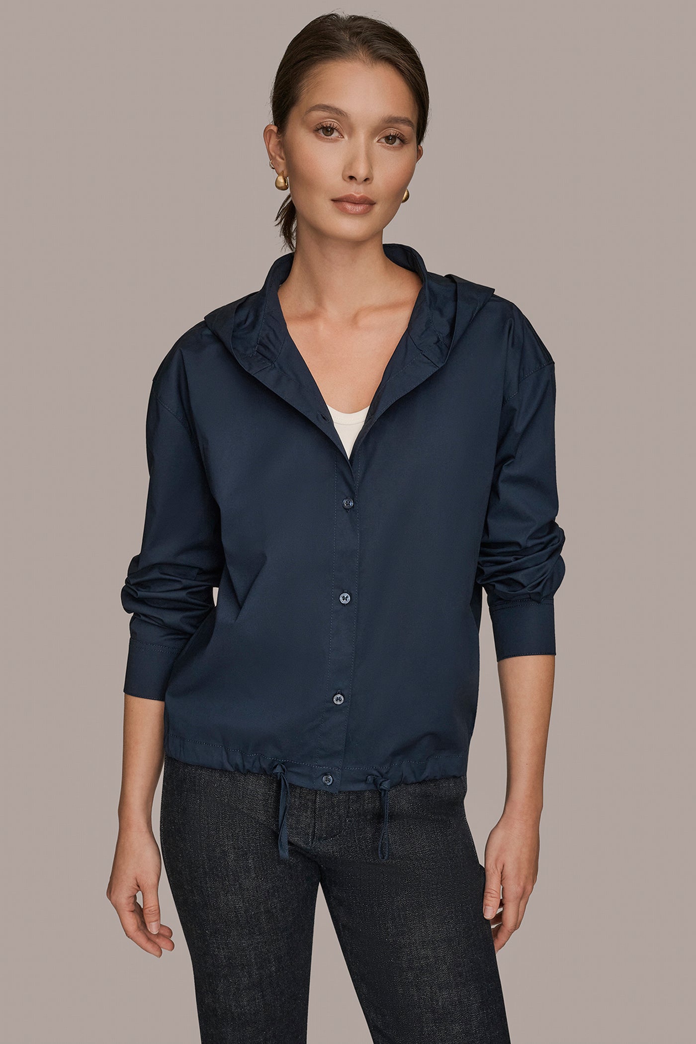 LONG SLEEVE BUTTON DOWN HOODED SHIRT | View 1 | Donna Karan Weekend LONG SLEEVE BUTTON DOWN HOODED SHIRT | View 1 | Donna Karan Weekend