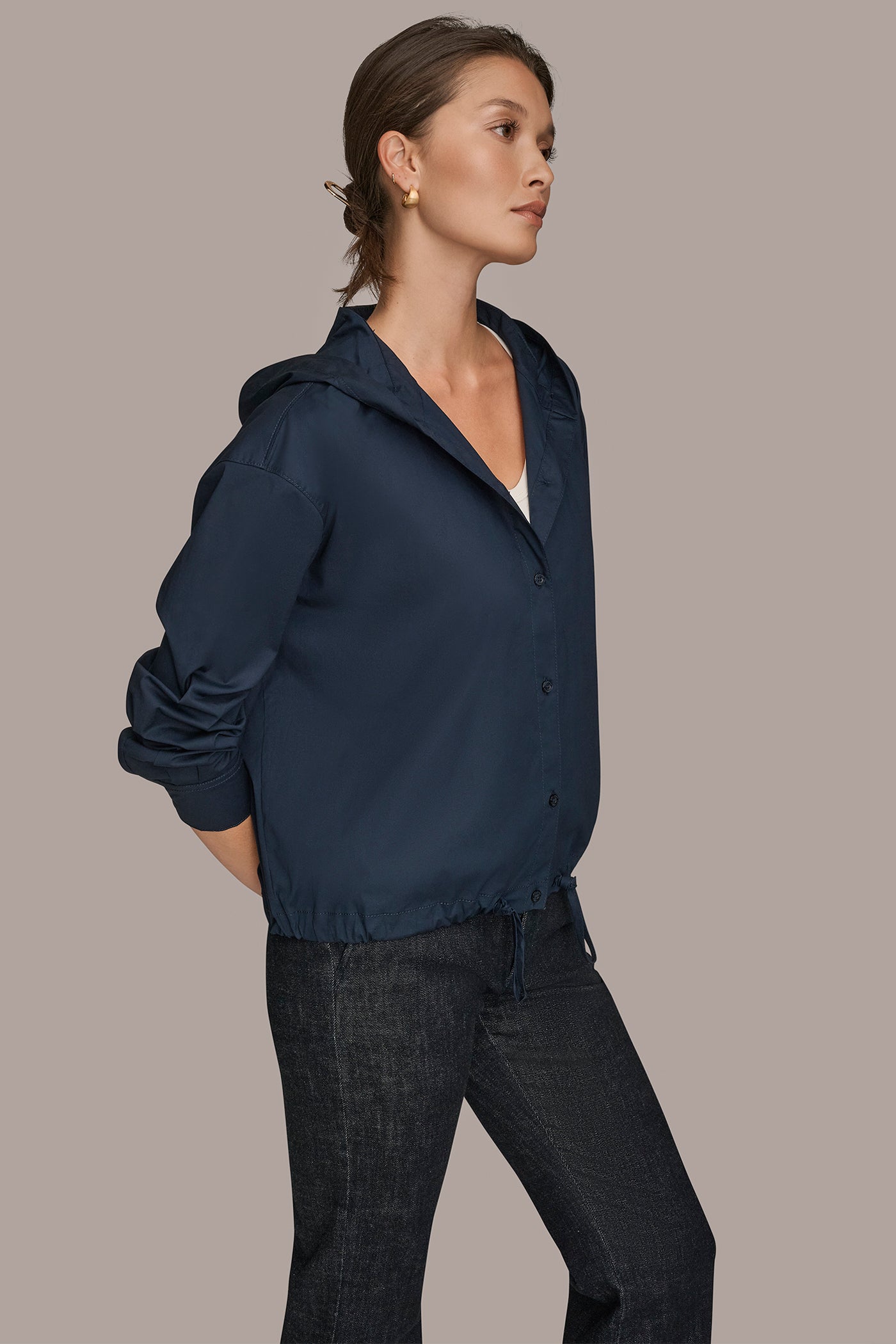 LONG SLEEVE BUTTON DOWN HOODED SHIRT VIEW 3 | Donna Karan Weekend LONG SLEEVE BUTTON DOWN HOODED SHIRT VIEW 3 | Donna Karan Weekend