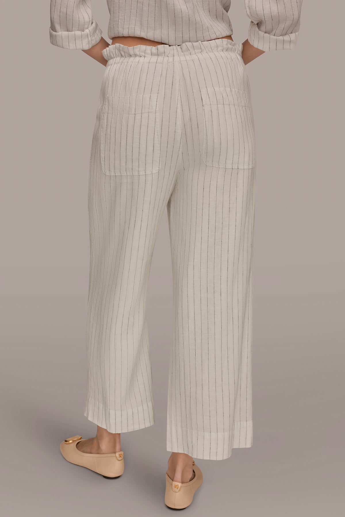 Linen High Rise Pinstriped Paperbag Pant | Wide Leg | Donna Karan
