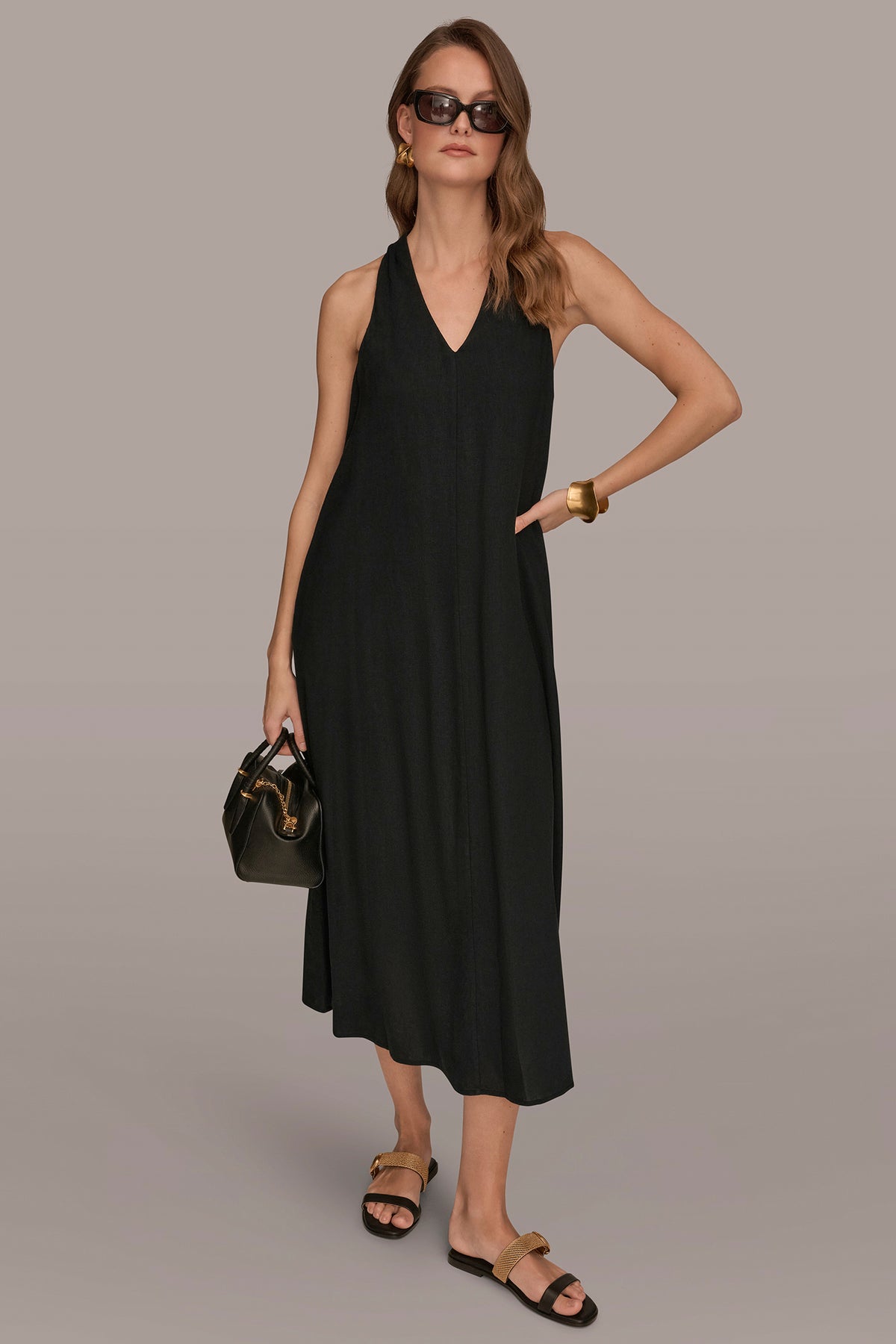 tied halter open back cotton linen midi dress Donna Karan Weekend Women's V-Neck Midi Dress - Black