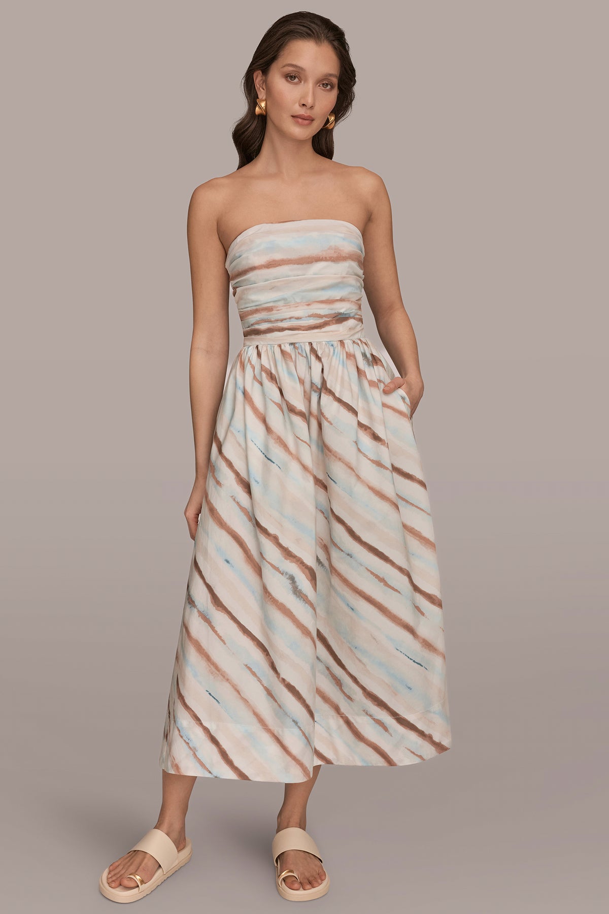 georgiana strapless stretch cotton fit & flare dress Stretch Cotton Poplin Strapless Printed Midi Dress | Fit and Flare main image 1