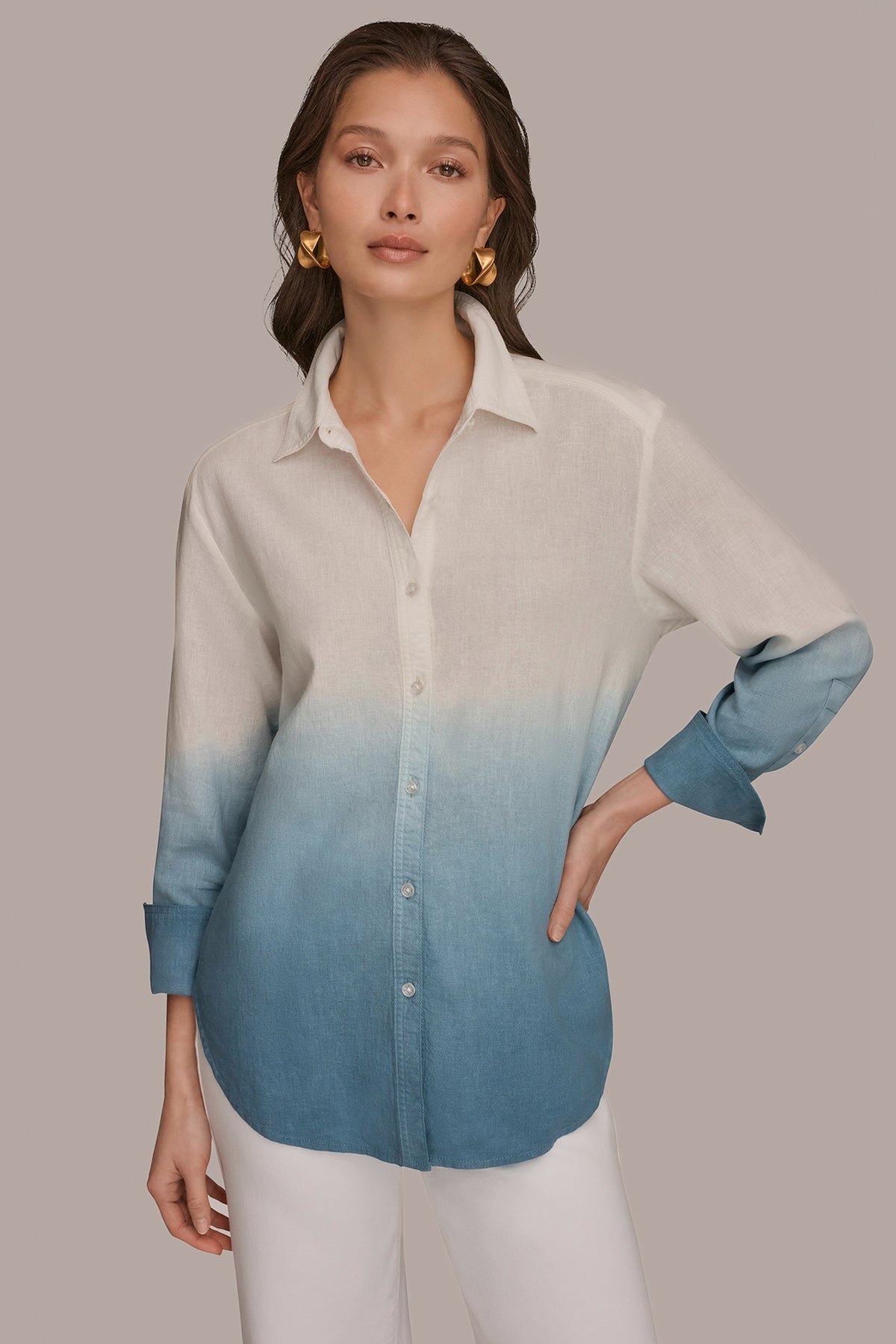 Linen Blend Dip Dyed Striped Shirt | Shirt | Donna Karan