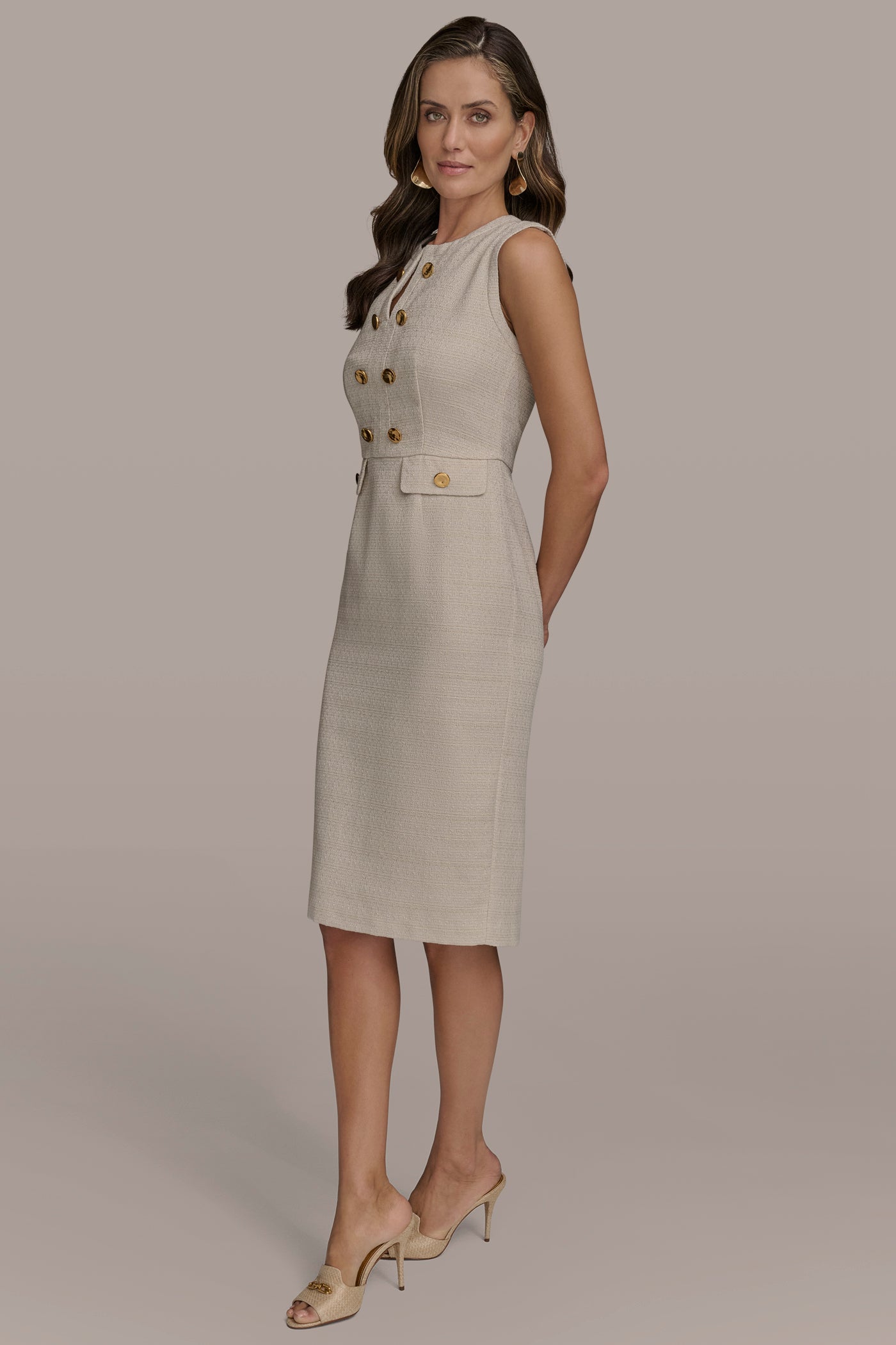 V NECK TWEED MIDI SHEATH WITH BUTTONS | View 2 | Dresses & Jumpsuits V NECK TWEED MIDI SHEATH WITH BUTTONS | View 2 | Dresses & Jumpsuits