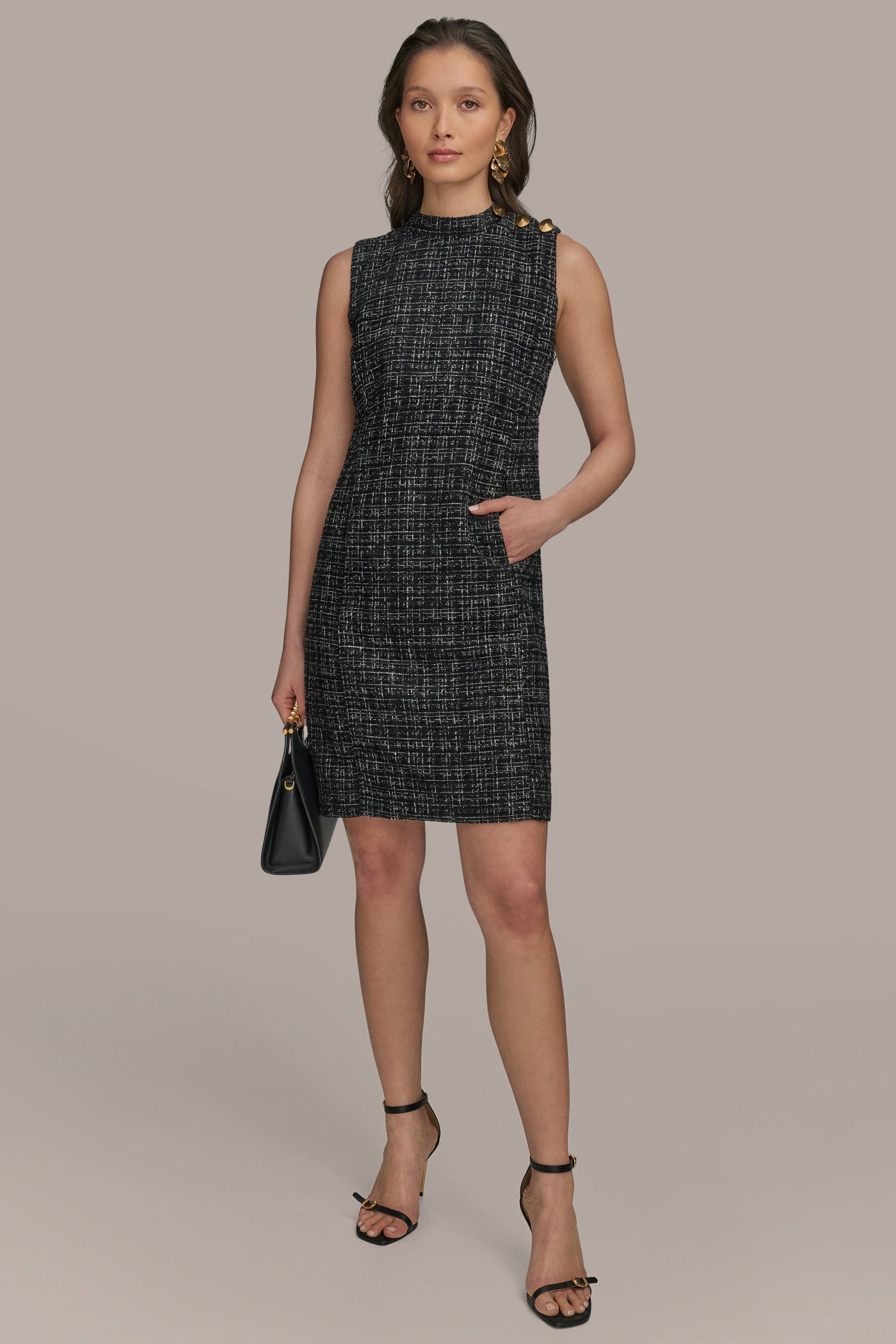 BUTTON-EMBELLISHED METALLIC TWEED SHEATH | View 1 | Black Dresses BUTTON-EMBELLISHED METALLIC TWEED SHEATH | View 1 | Black Dresses