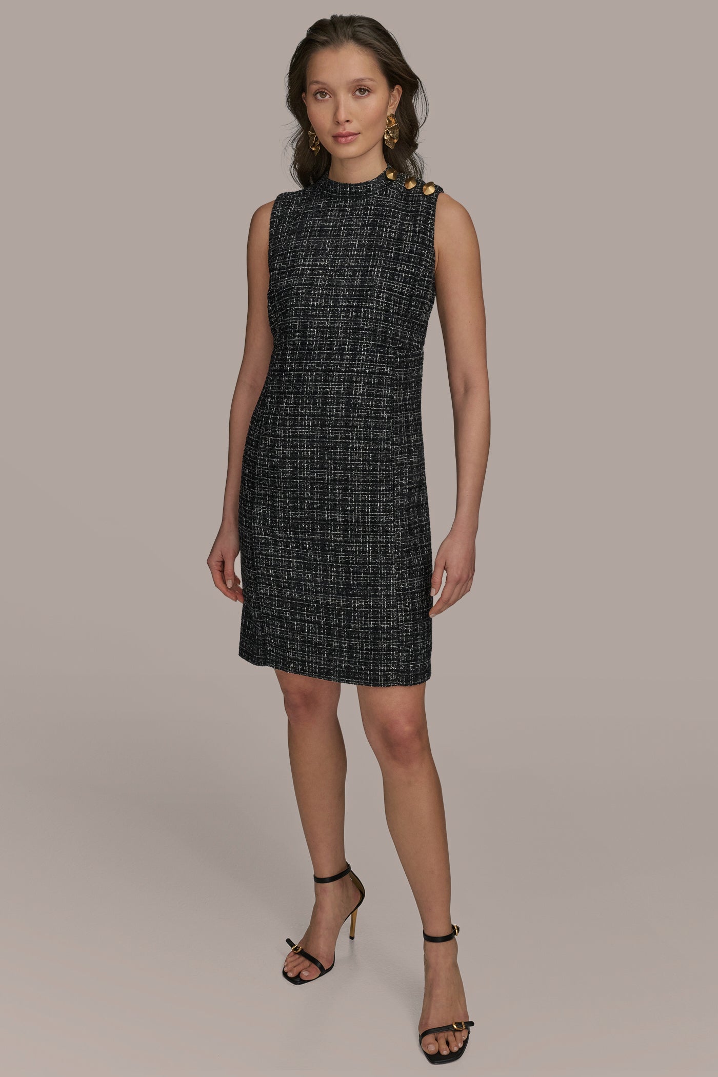 BUTTON-EMBELLISHED METALLIC TWEED SHEATH VIEW 4 | Black Dresses BUTTON-EMBELLISHED METALLIC TWEED SHEATH VIEW 4 | Black Dresses