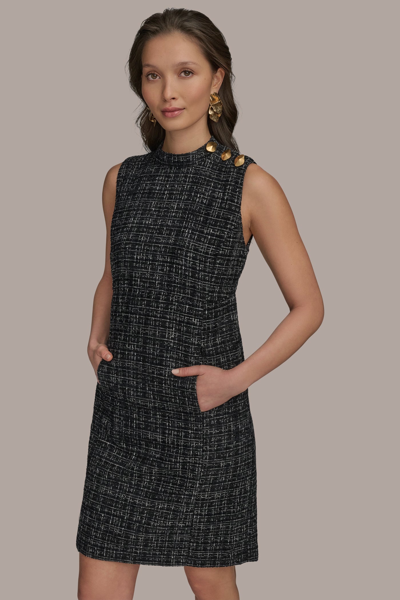 BUTTON-EMBELLISHED METALLIC TWEED SHEATH VIEW 5 | Black Dresses BUTTON-EMBELLISHED METALLIC TWEED SHEATH VIEW 5 | Black Dresses