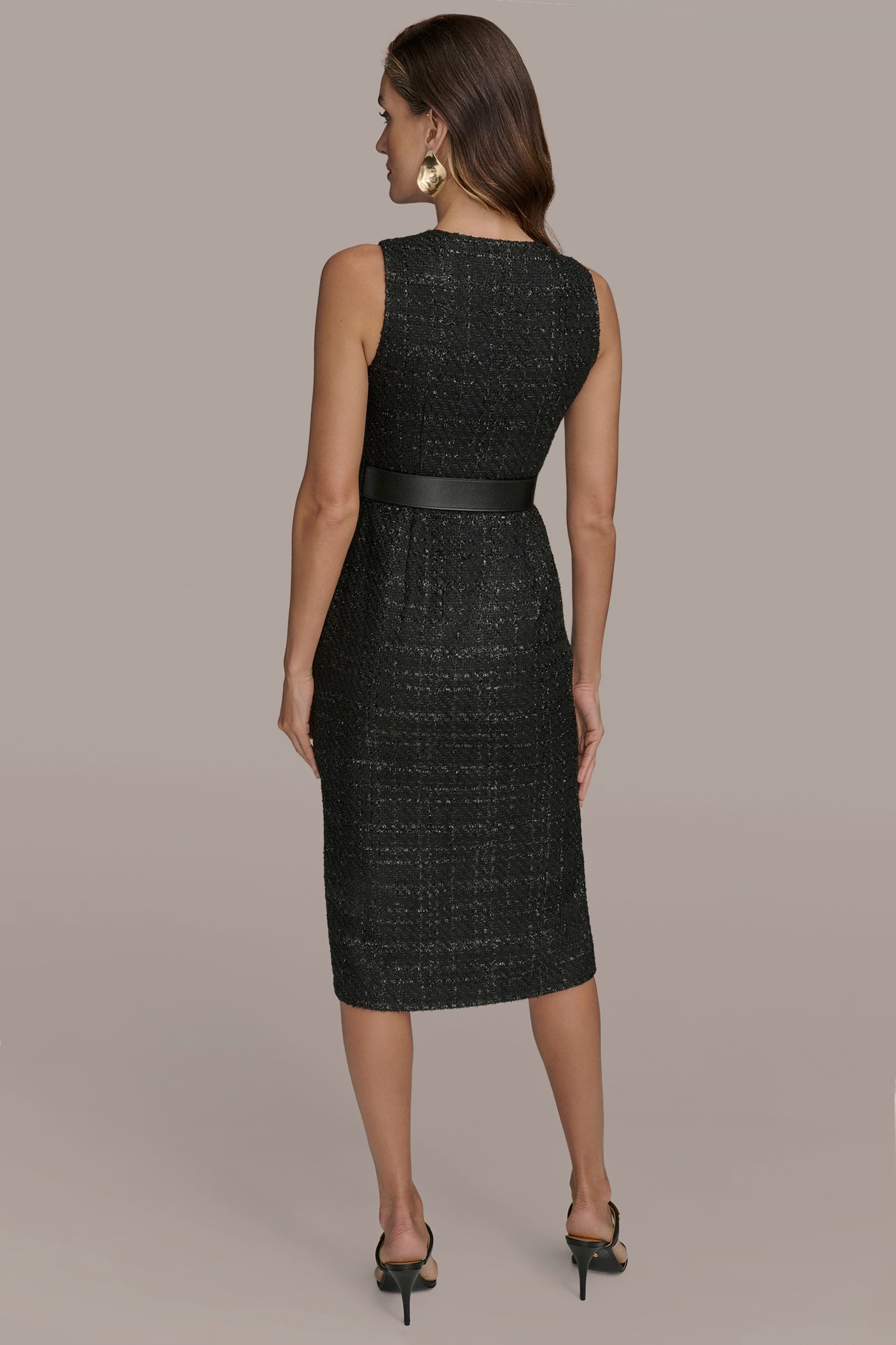 BELTED METALLIC TWEED MIDI SHEATH | View 2 | Black Dresses BELTED METALLIC TWEED MIDI SHEATH | View 2 | Black Dresses