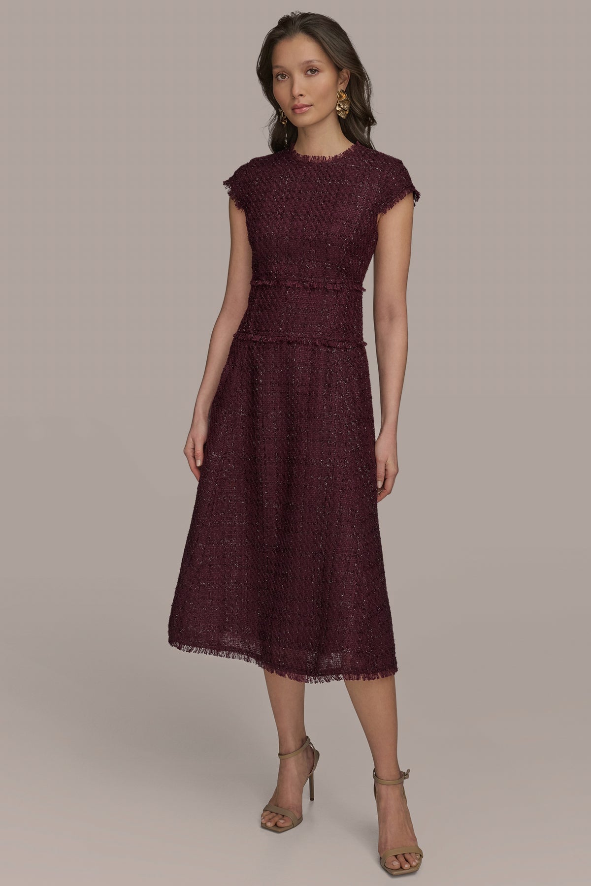 Tweed Cap Sleeve Midi A Line Dress