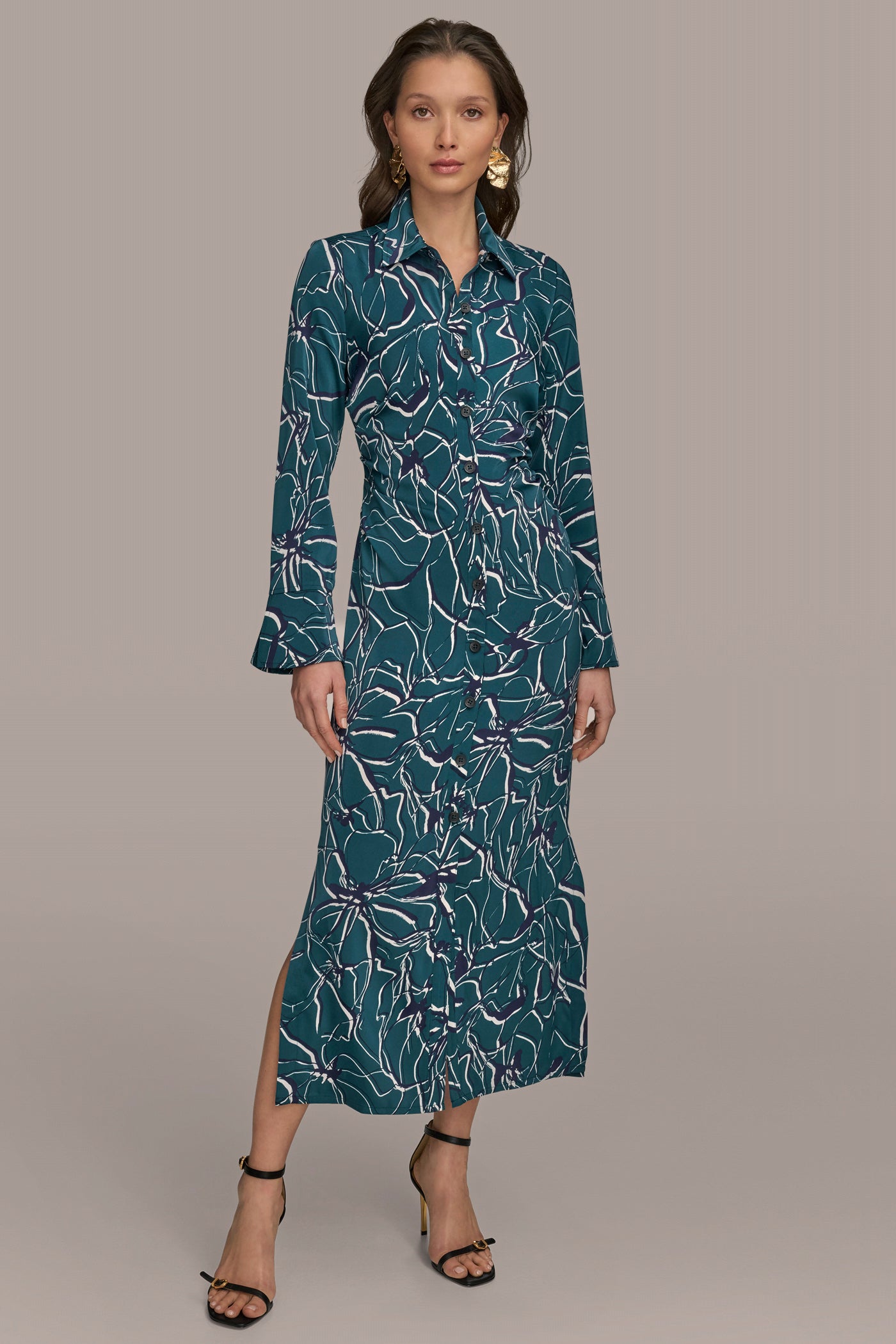 RUCHED SATIN MIDI SHIRT DRESS | View 1 | Dresses & Jumpsuits RUCHED SATIN MIDI SHIRT DRESS | View 1 | Dresses & Jumpsuits