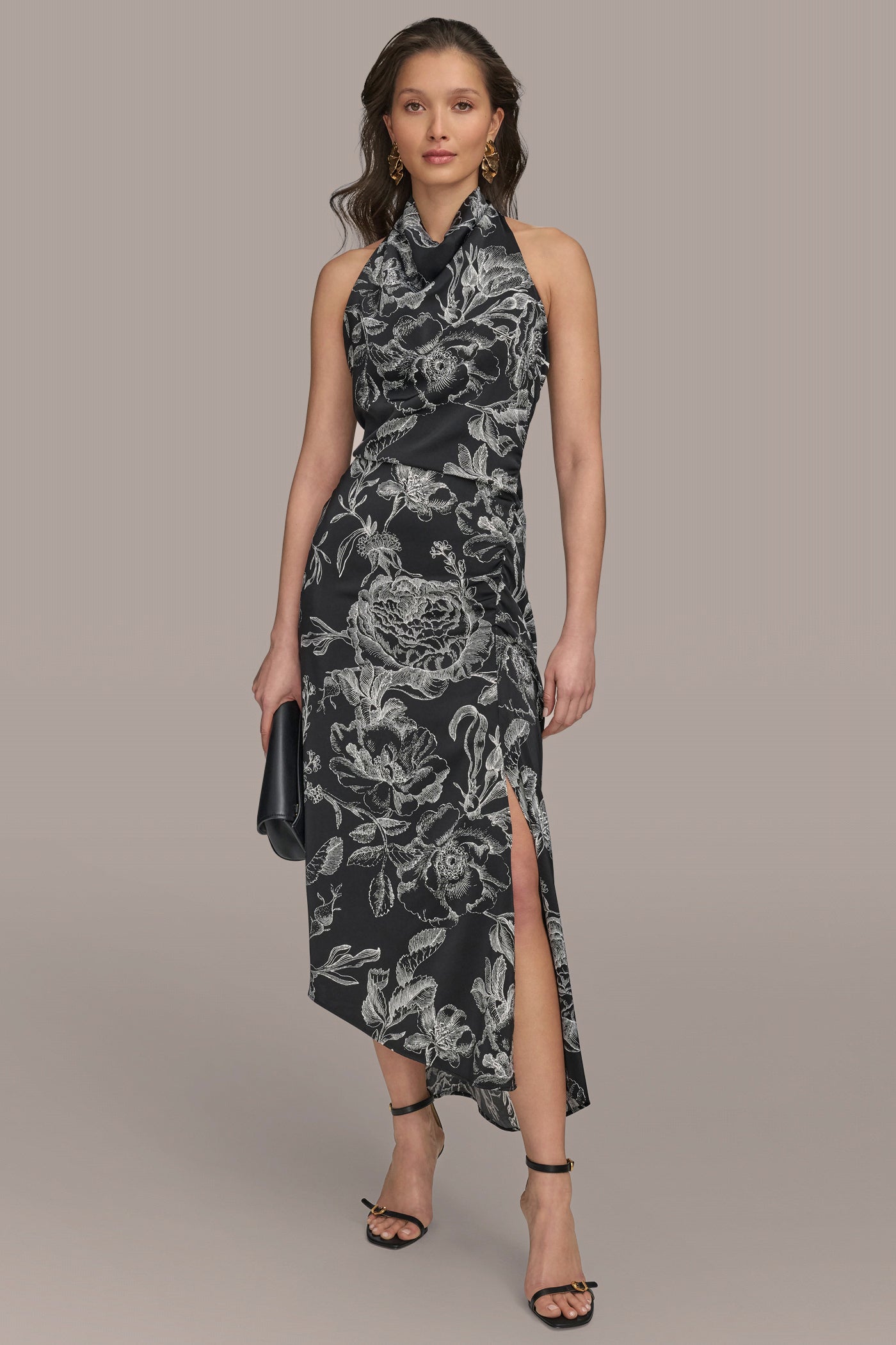 ASYMMETRIC FLORAL COWL-NECK MIDI DRESS VIEW 4 | Cocktail & Party ASYMMETRIC FLORAL COWL-NECK MIDI DRESS VIEW 4 | Cocktail & Party