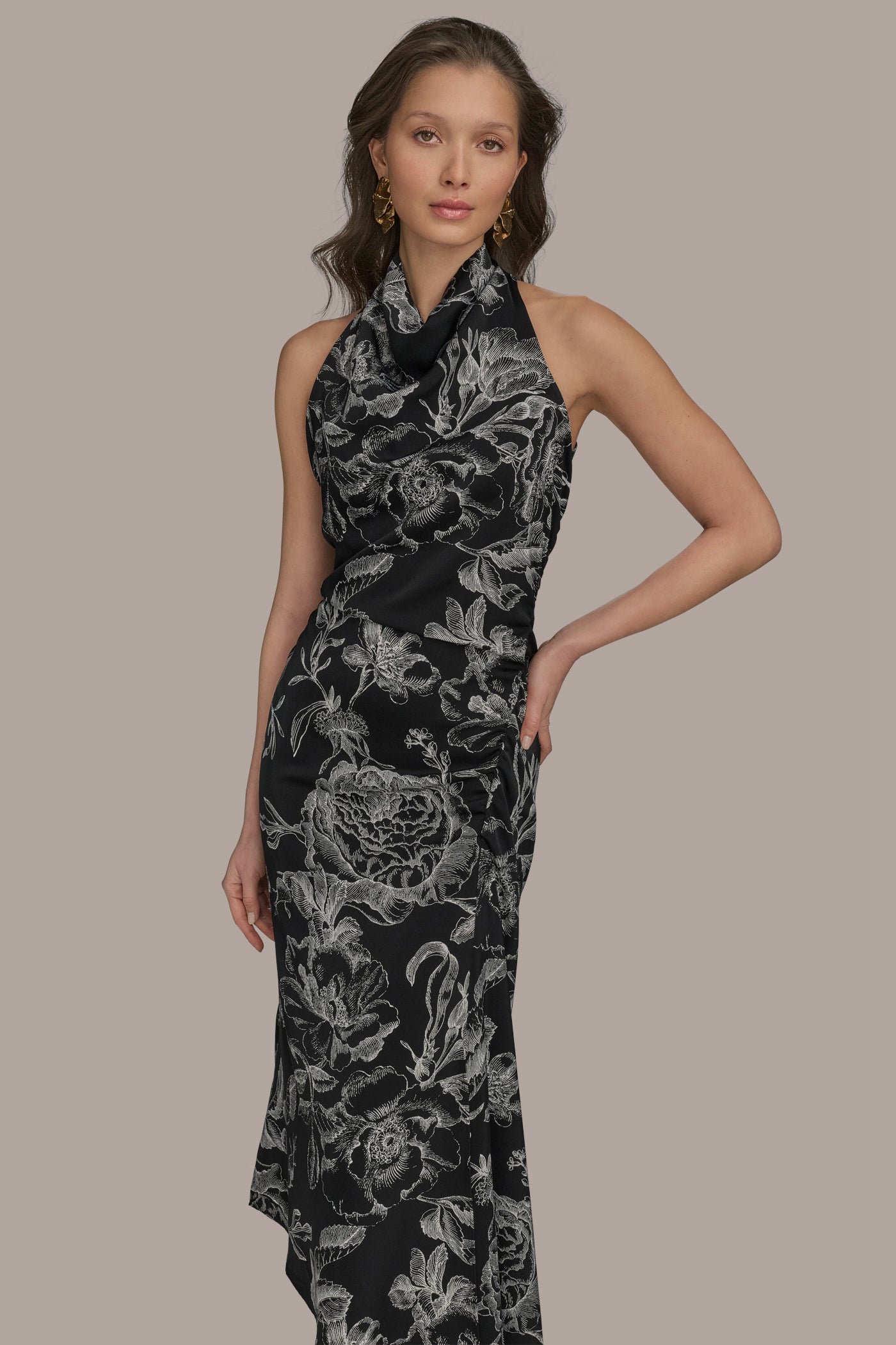 ASYMMETRIC FLORAL COWL-NECK MIDI DRESS VIEW 6 | Cocktail & Party ASYMMETRIC FLORAL COWL-NECK MIDI DRESS VIEW 6 | Cocktail & Party