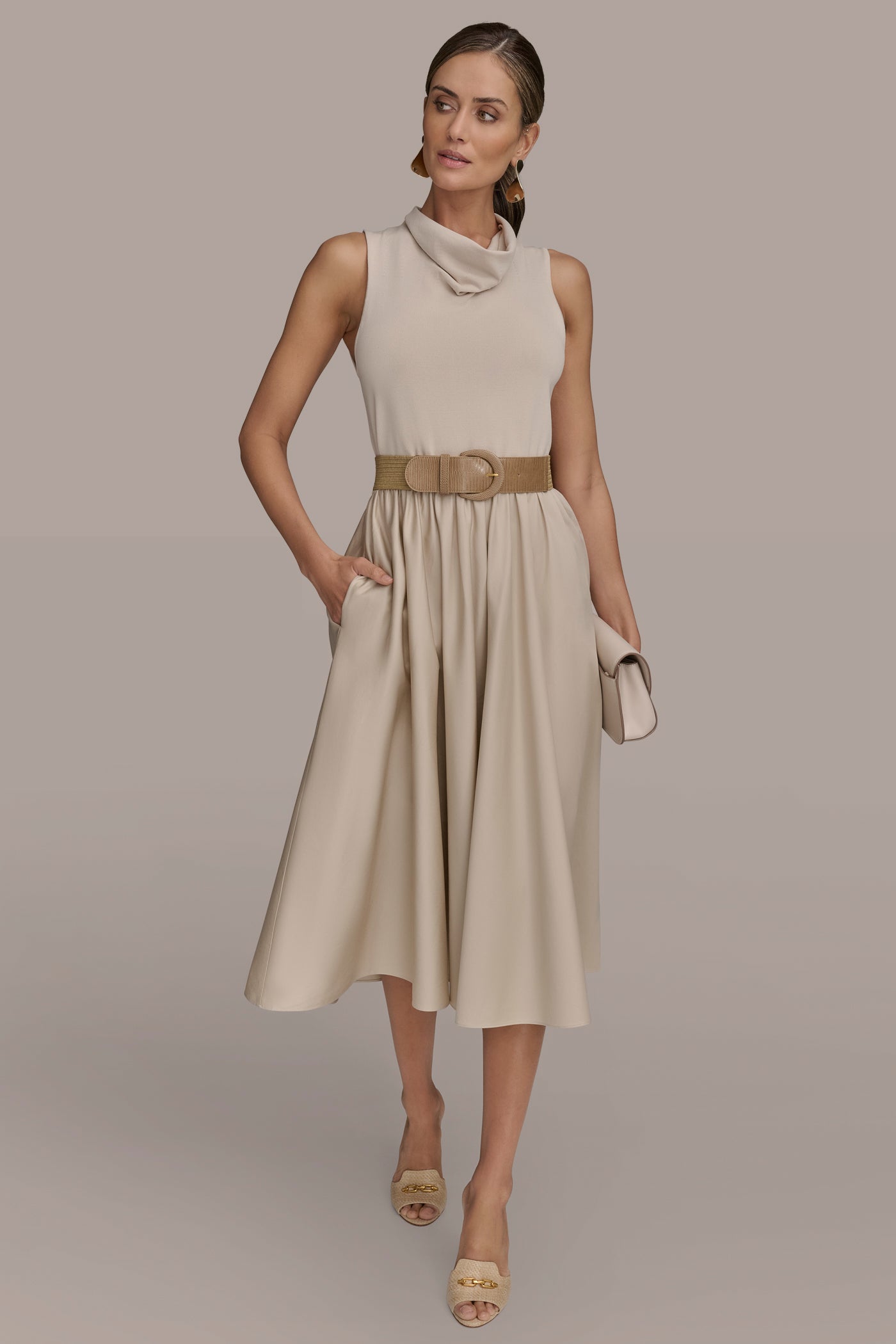 BELTED COWL-NECK PANELED MIDI DRESS VIEW 4 | Essential Dresses BELTED COWL-NECK PANELED MIDI DRESS VIEW 4 | Essential Dresses