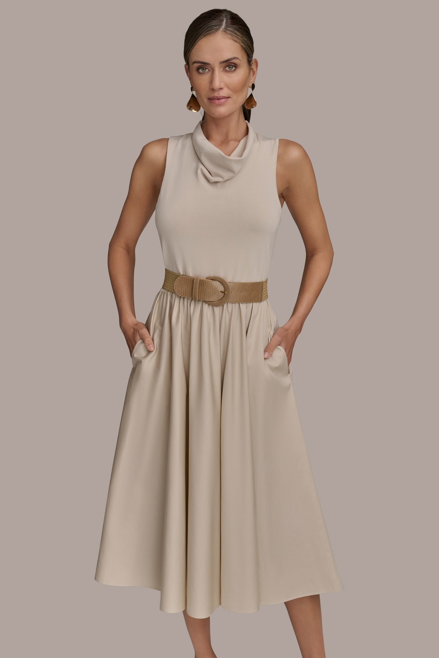 BELTED COWL-NECK PANELED MIDI DRESS VIEW 5 | Essential Dresses BELTED COWL-NECK PANELED MIDI DRESS VIEW 5 | Essential Dresses