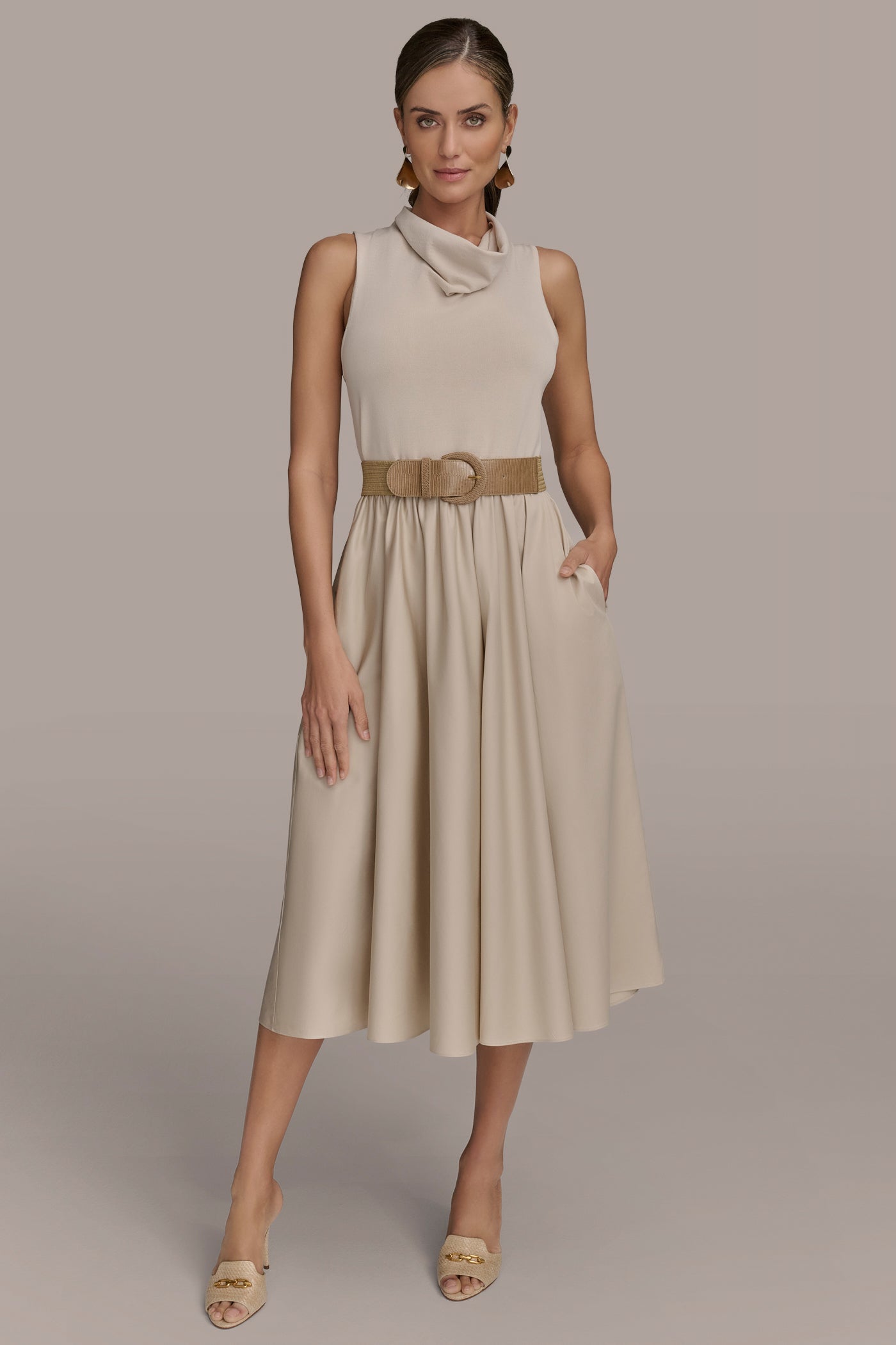 BELTED COWL-NECK PANELED MIDI DRESS | View 1 | Essential Dresses BELTED COWL-NECK PANELED MIDI DRESS | View 1 | Essential Dresses