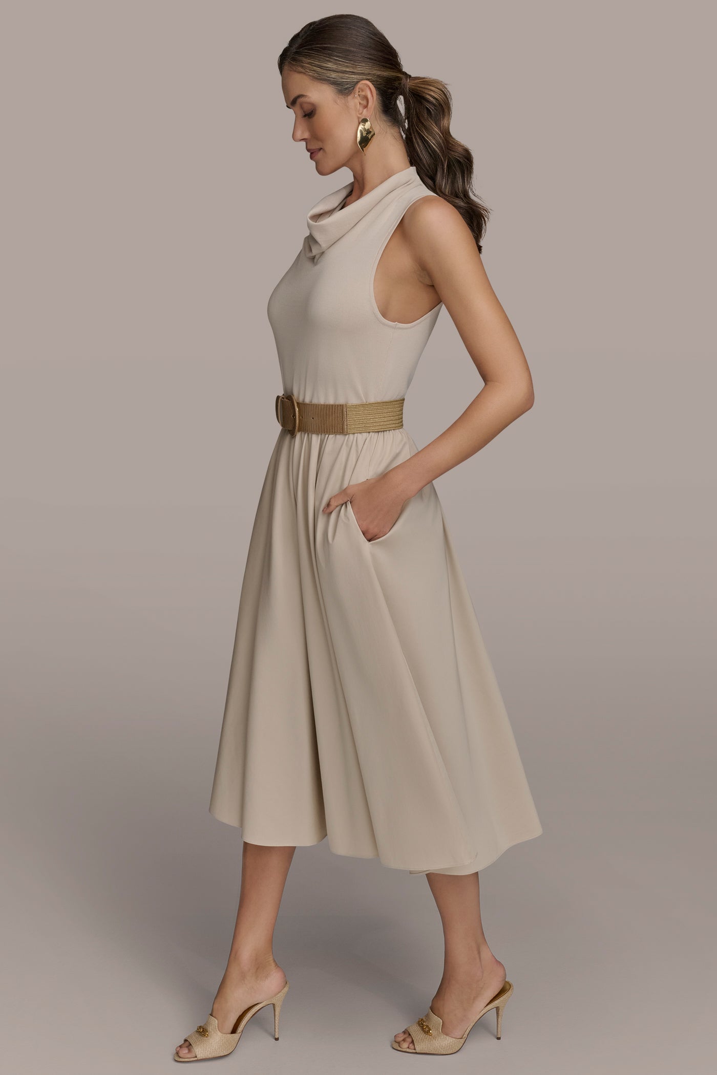 BELTED COWL-NECK PANELED MIDI DRESS VIEW 3 | Essential Dresses BELTED COWL-NECK PANELED MIDI DRESS VIEW 3 | Essential Dresses