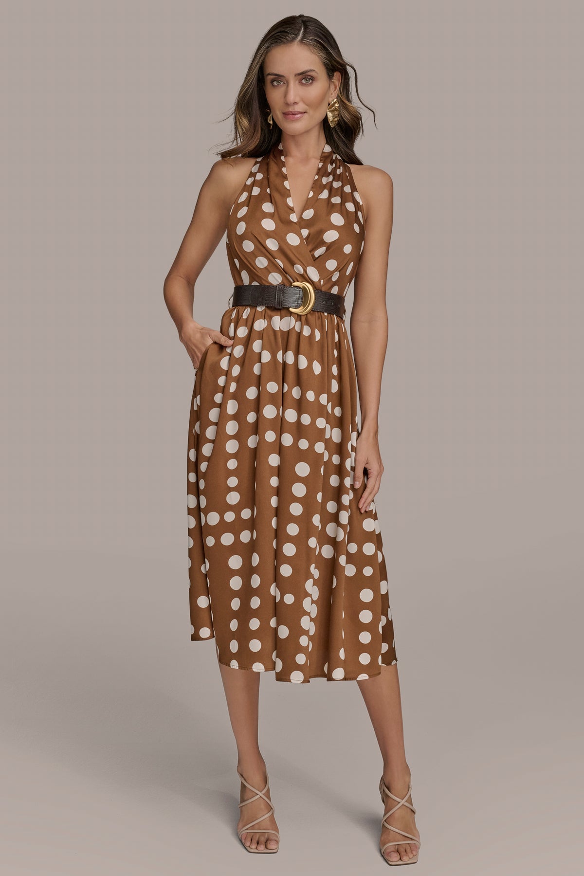 Donna Karan Women's Polka-Dot Wrap Midi Halter Dress in Russet/Light Canvas