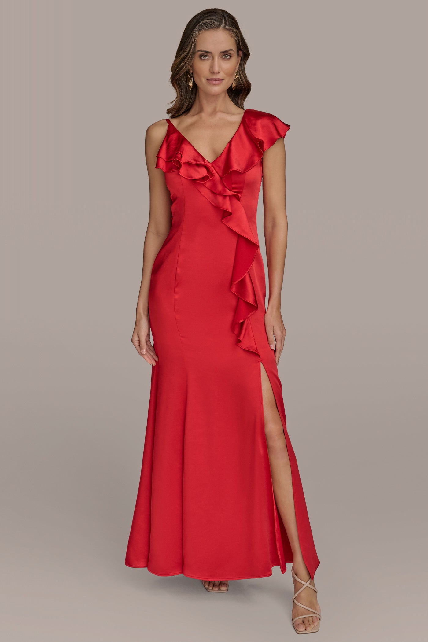 ASYMMETRIC RUFFLE SATIN GOWN | View 1 | Formal & Black Tie ASYMMETRIC RUFFLE SATIN GOWN | View 1 | Formal & Black Tie