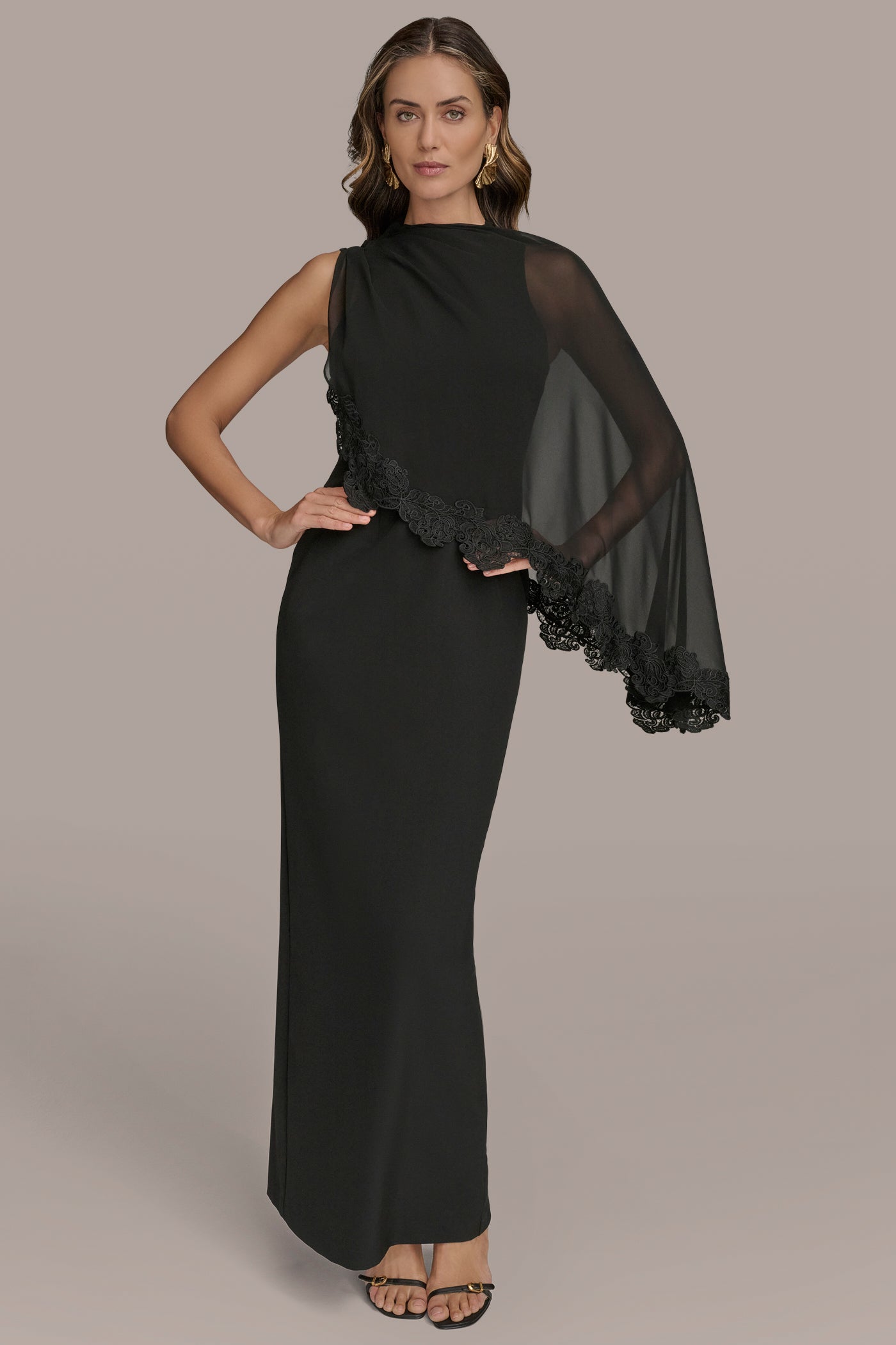 ASYMMETRIC CAPE OVERLAY GOWN | View 1 | Black Dresses ASYMMETRIC CAPE OVERLAY GOWN | View 1 | Black Dresses