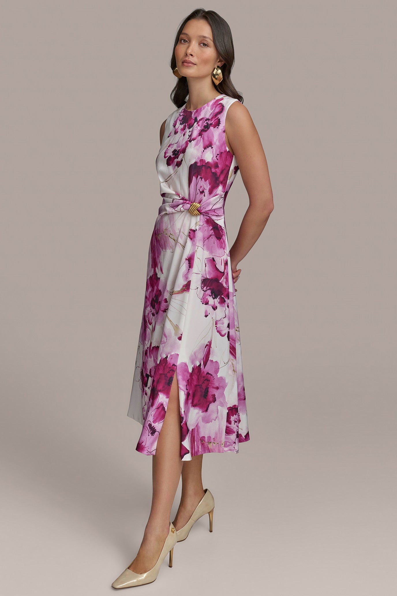 FLORAL SATIN GATHERED A-LINE DRESS VIEW 4 FLORAL SATIN GATHERED A-LINE DRESS VIEW 4