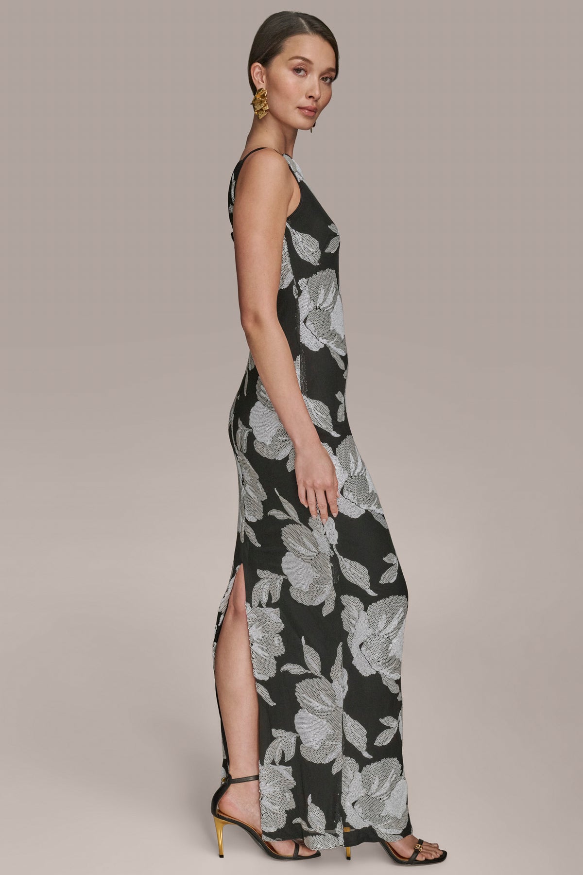 Floral Sequin Sleeveless Boatneck Gown | Gown