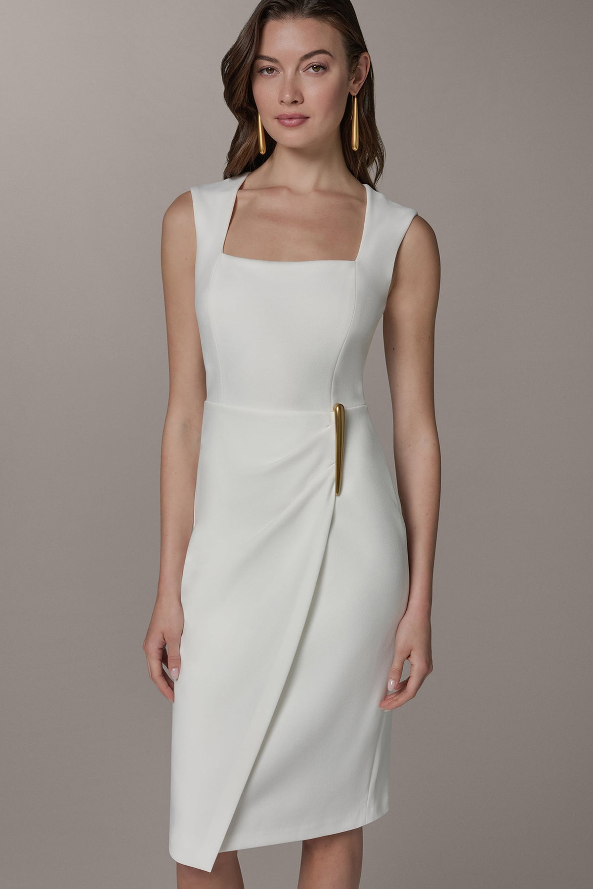 donna karan white dress Donna Karan Women's Sleeveless Wrap-Effect Midi Dress in Cream