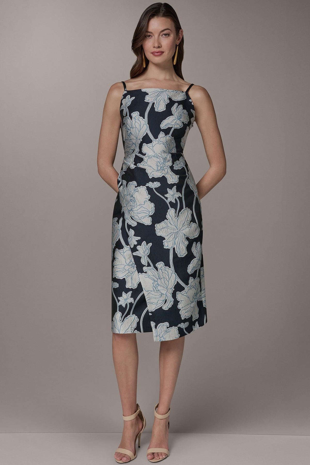floral knee length dresses for women Donna Karan Women's Sleeveless Midi Dress in Nightfall/Sky Blue Multi, Size 4 occasion_brunch