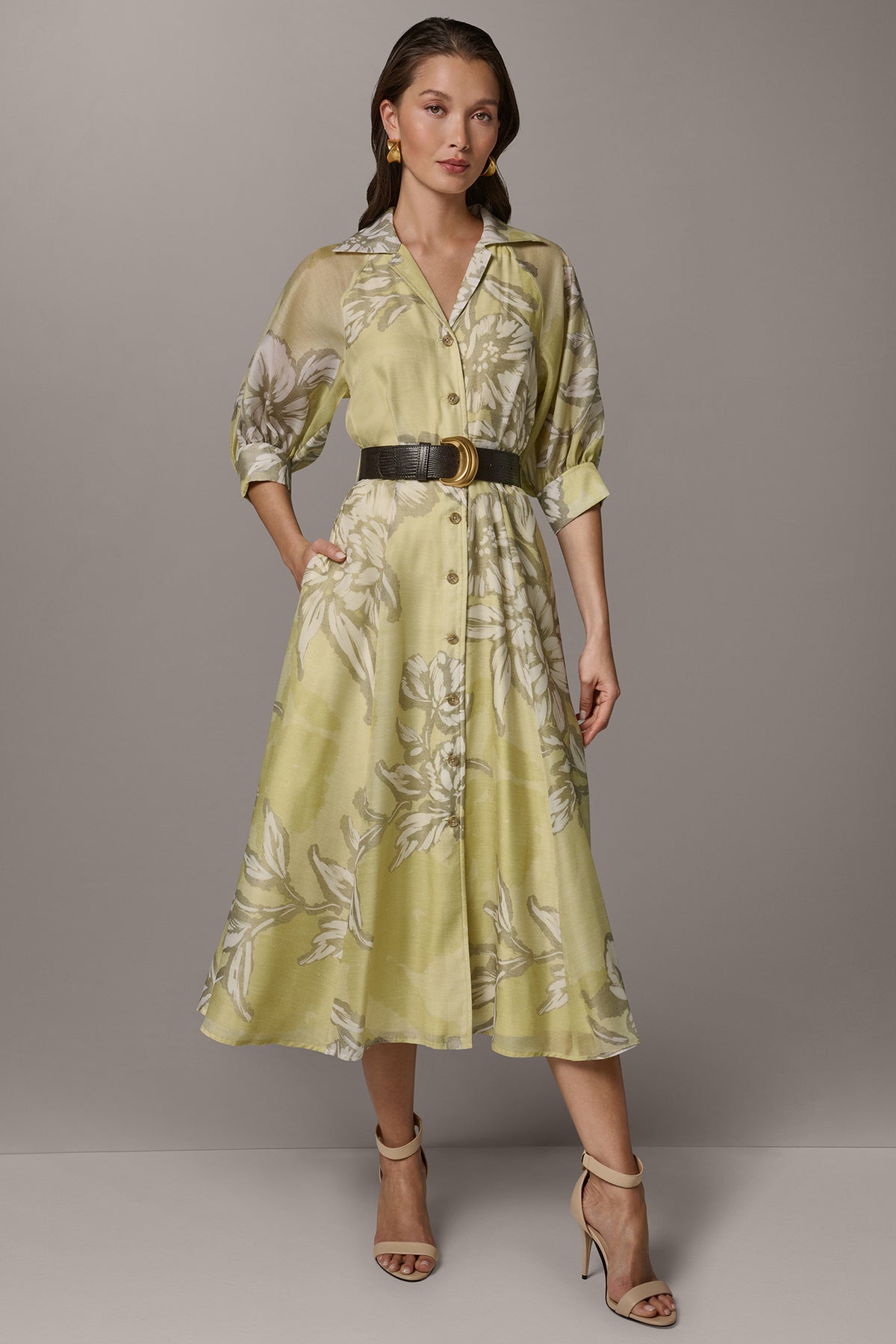 collared shirt dress midi Donna Karan Women's Belted Floral Print Shirtdress - Yellow - Size 4