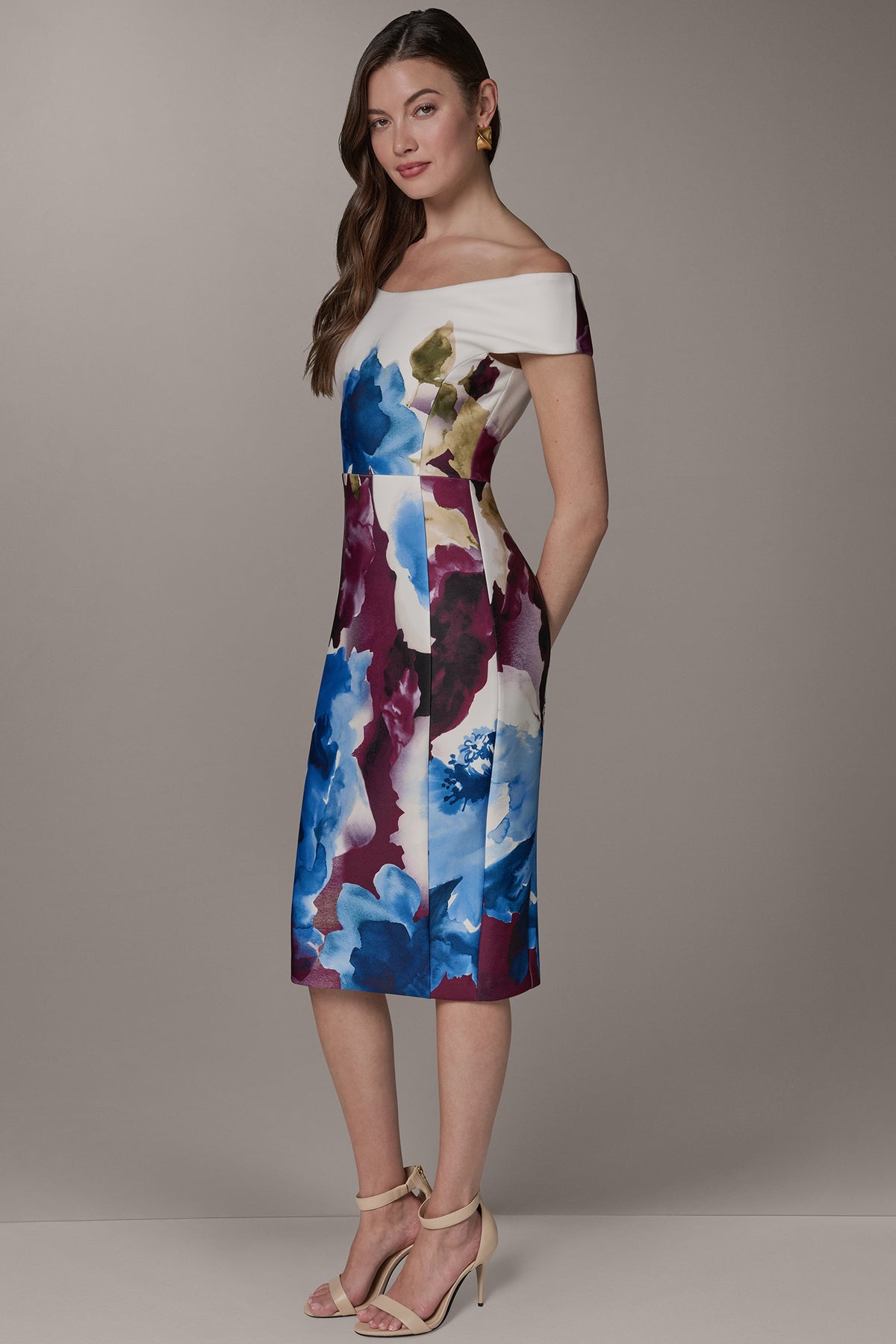 Donna Karan Women's Off The Shoulder Midi Sheath Dress in Sangria/Marina Multi Donna Karan Women's Off The Shoulder Midi Sheath Dress in Sangria/Marina Multi