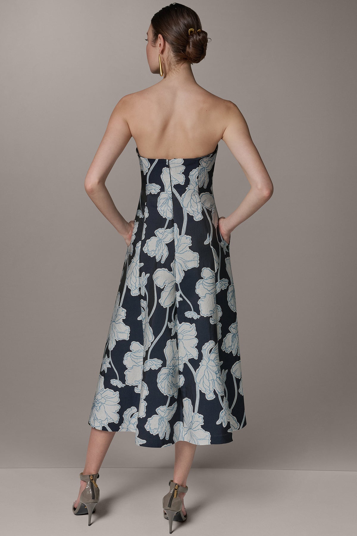 Donna Karan New York Women's Strapless Jacquard Fit & Flare Floral Midi Dress - Nightfall/Cream - Size 12 Donna Karan New York Women's Strapless Jacquard Fit & Flare Floral Midi Dress - Nightfall/Cream - Size 12