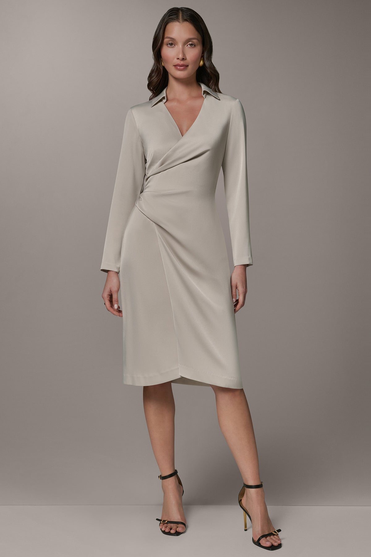 work dress wrap long sleeve Donna Karan Women's Long Sleeve Wrap-Effect Shirt Dress in Tuscan Grey