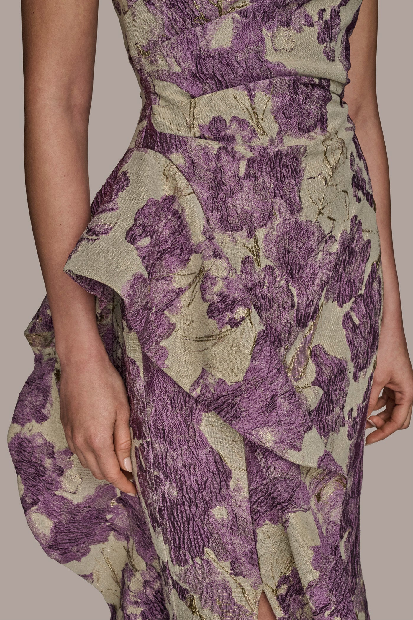 STRAPLESS RUFFLED FLORAL BROCADE GOWN VIEW 5 STRAPLESS RUFFLED FLORAL BROCADE GOWN VIEW 5