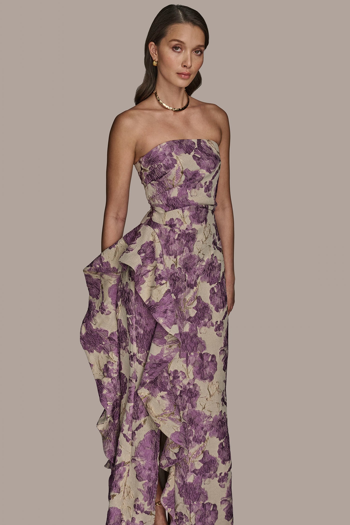 STRAPLESS RUFFLED FLORAL BROCADE GOWN VIEW 4 STRAPLESS RUFFLED FLORAL BROCADE GOWN VIEW 4