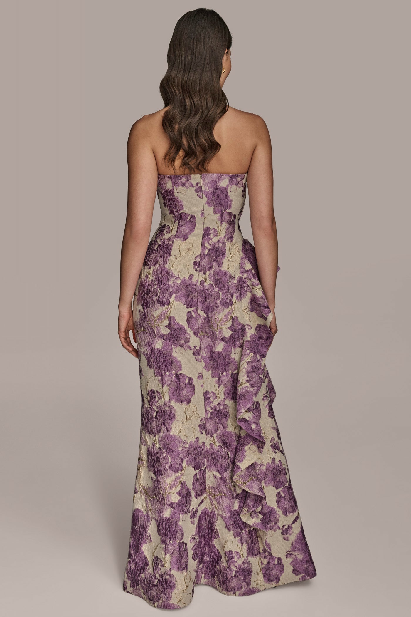 STRAPLESS RUFFLED FLORAL BROCADE GOWN | View 2 | Formal & Black Tie STRAPLESS RUFFLED FLORAL BROCADE GOWN | View 2 | Formal & Black Tie