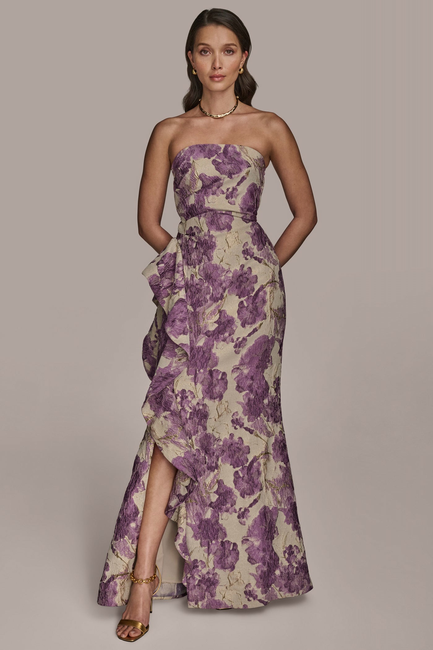 STRAPLESS RUFFLED FLORAL BROCADE GOWN | View 1 | Formal & Black Tie STRAPLESS RUFFLED FLORAL BROCADE GOWN | View 1 | Formal & Black Tie