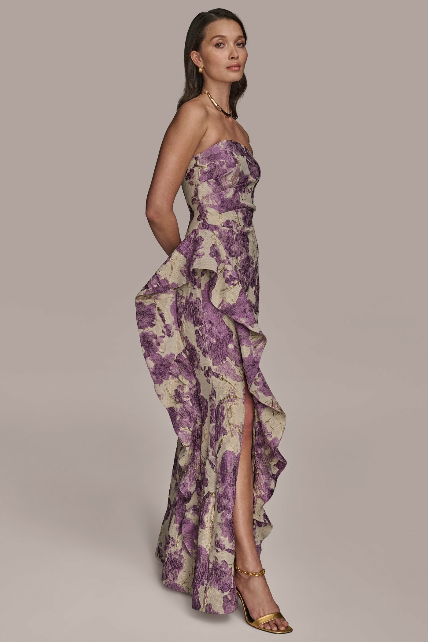 STRAPLESS RUFFLED FLORAL BROCADE GOWN VIEW 3 STRAPLESS RUFFLED FLORAL BROCADE GOWN VIEW 3