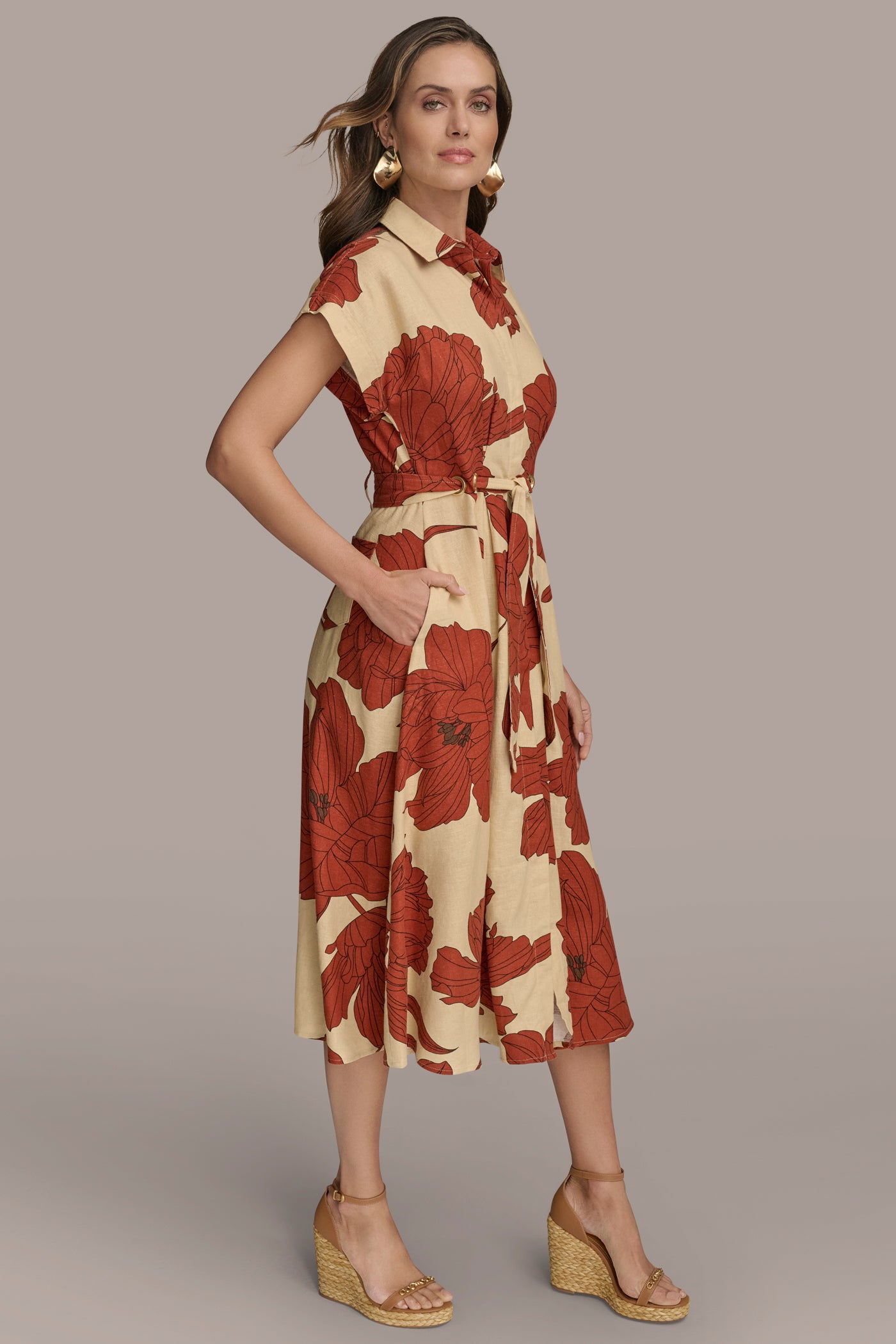 FLORAL LINEN-BLEND MIDI SHIRT DRESS VIEW 3 FLORAL LINEN-BLEND MIDI SHIRT DRESS VIEW 3