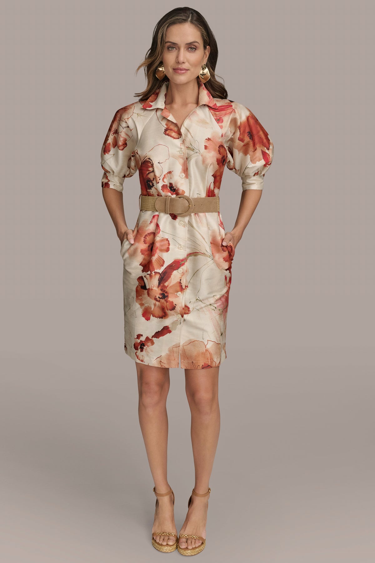 Donna Karan Floral Print Shirtdress - Cinnamon Multi - 6 Donna Karan Floral Print Shirtdress - Cinnamon Multi - 6