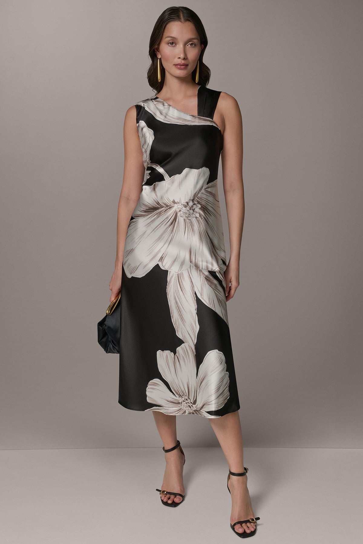 Donna Karan Women's Sleeveless Asymmetrical Neck Floral Midi Dress - Black Multi