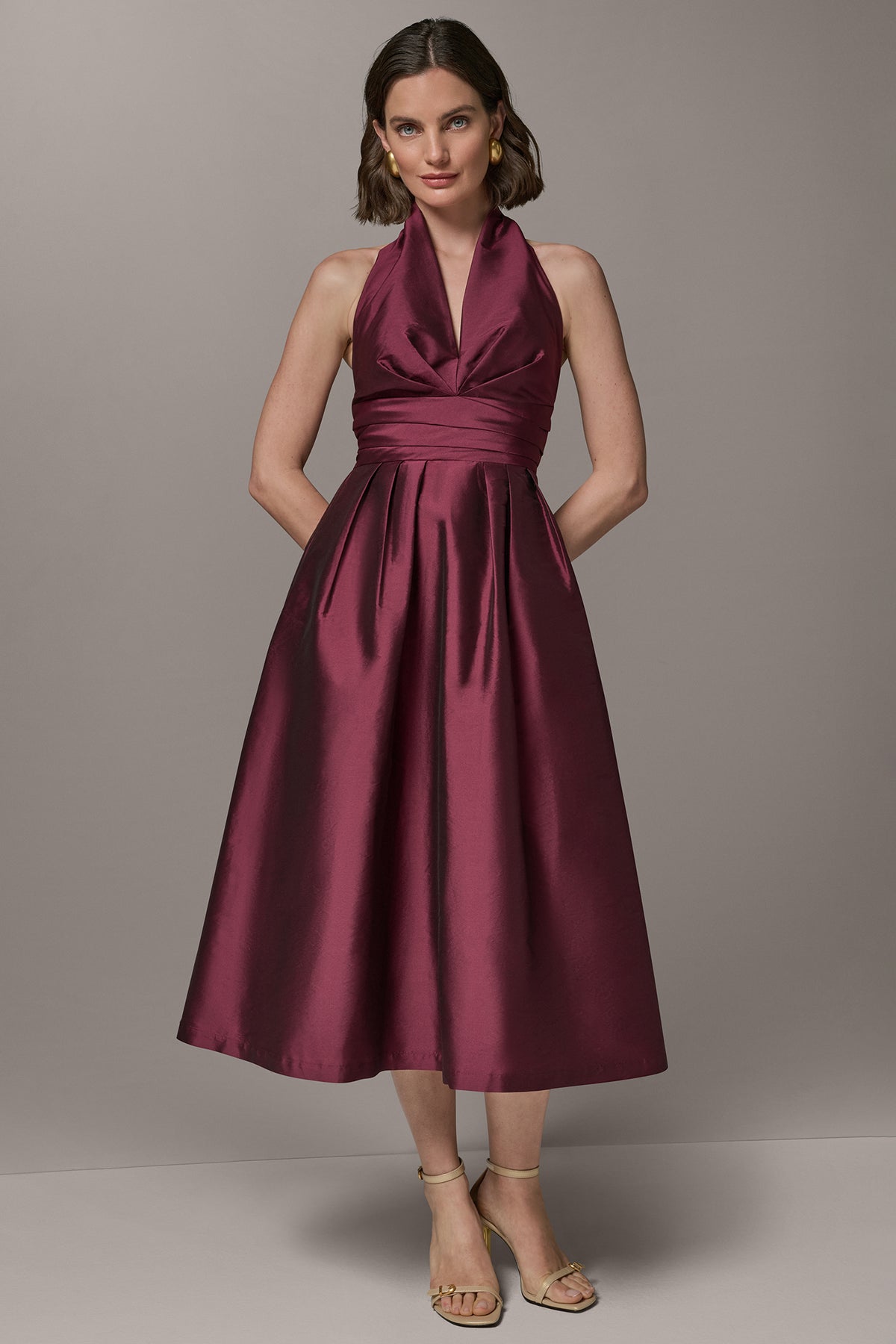 Donna Karan Women's Midi Halter Fit And Flare Dress in Berry Red, Size 2
