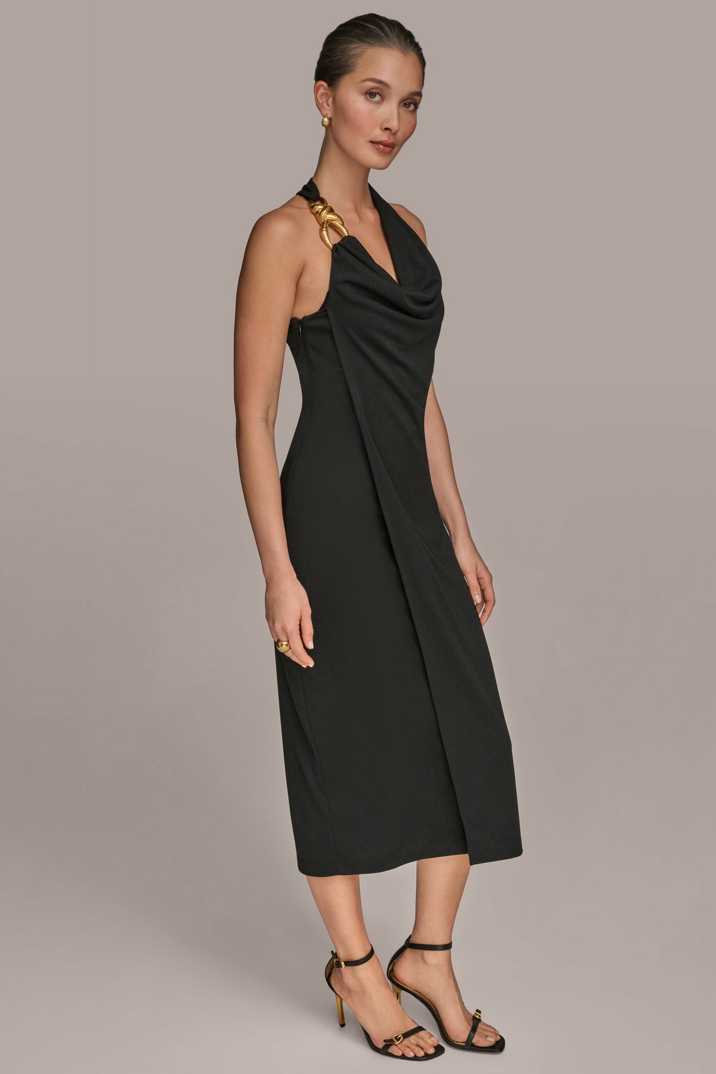 WRAP-EFFECT EMBELLISHED MIDI SHEATH DRESS VIEW 3 | Black Dresses WRAP-EFFECT EMBELLISHED MIDI SHEATH DRESS VIEW 3 | Black Dresses