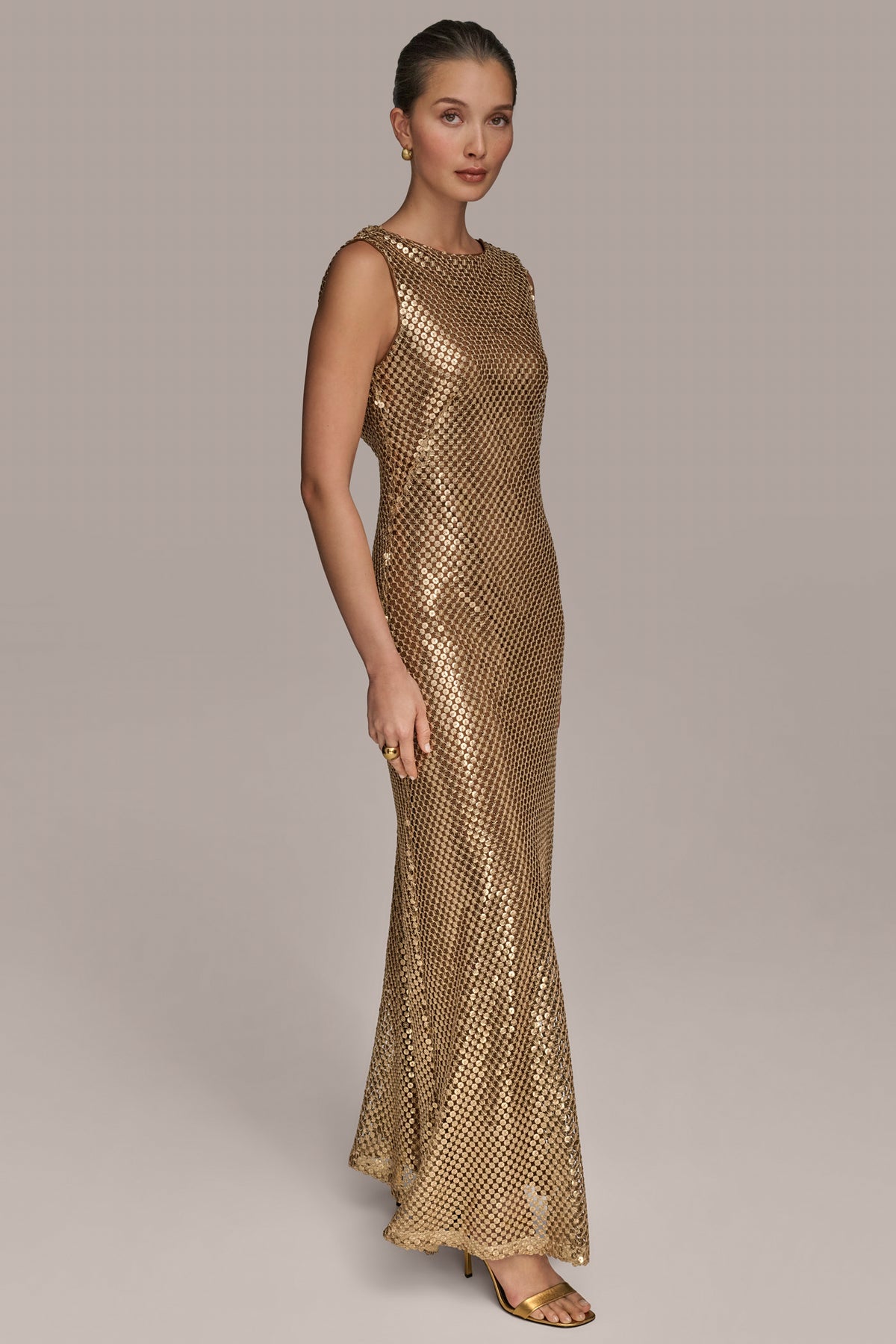 slim fit dress slacks CELINA Gold Sequin Draped Dress