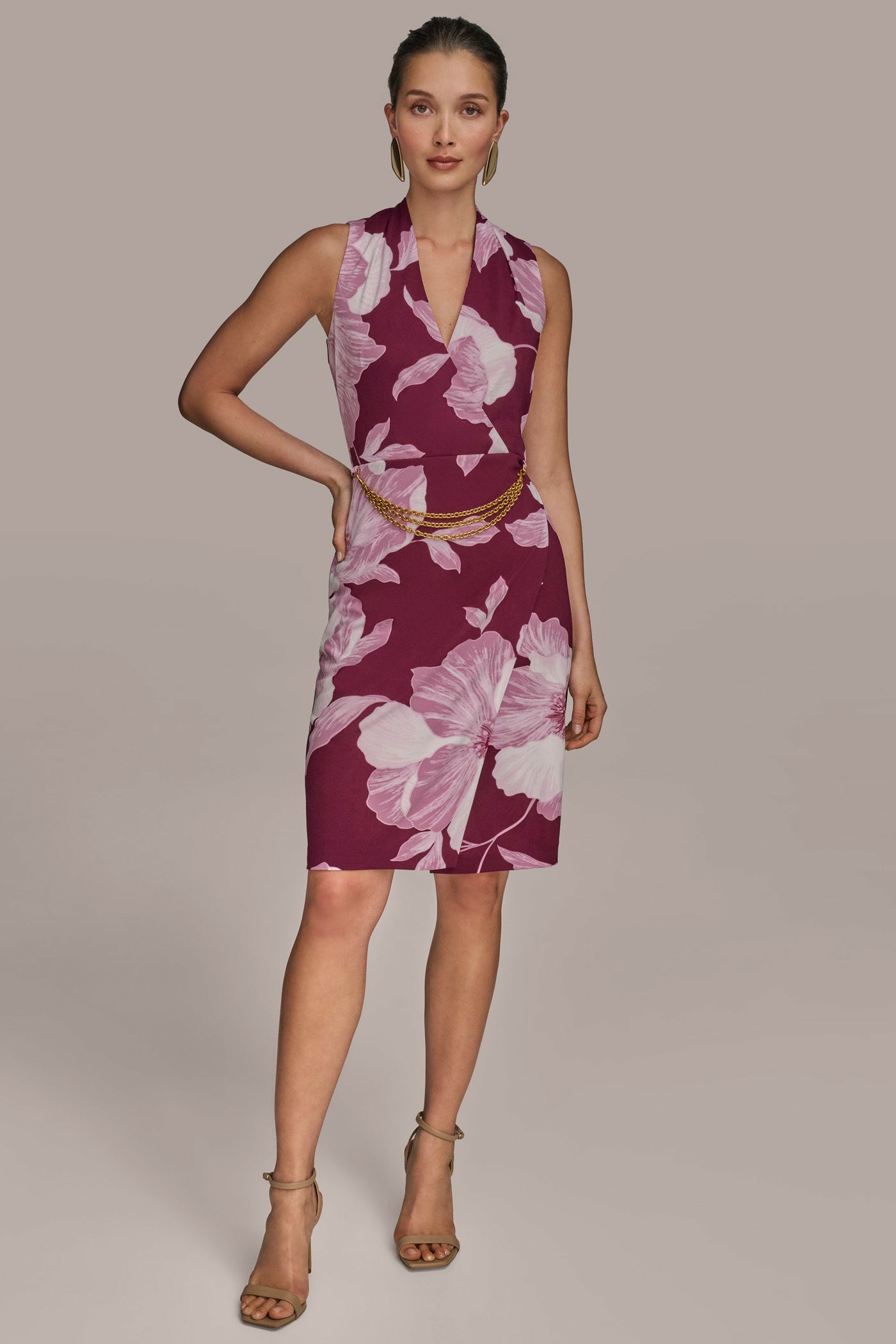 WRAP-EFFECT CHAIN-BELTED SHEATH DRESS | View 1 | Cocktail & Party WRAP-EFFECT CHAIN-BELTED SHEATH DRESS | View 1 | Cocktail & Party