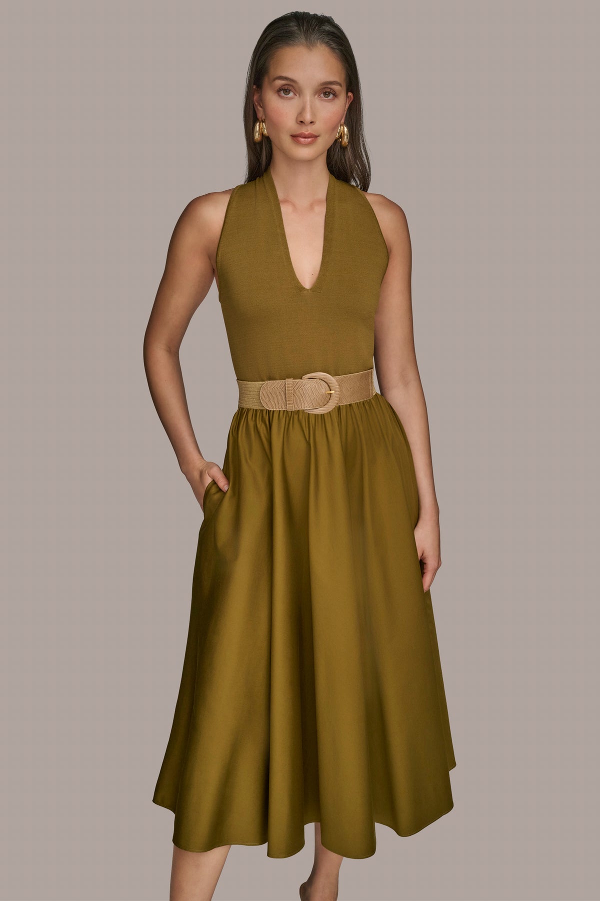 Donna Karan Women's Sleeveless Belted Mixed Media Midi Dress - Green - Casual dresses
