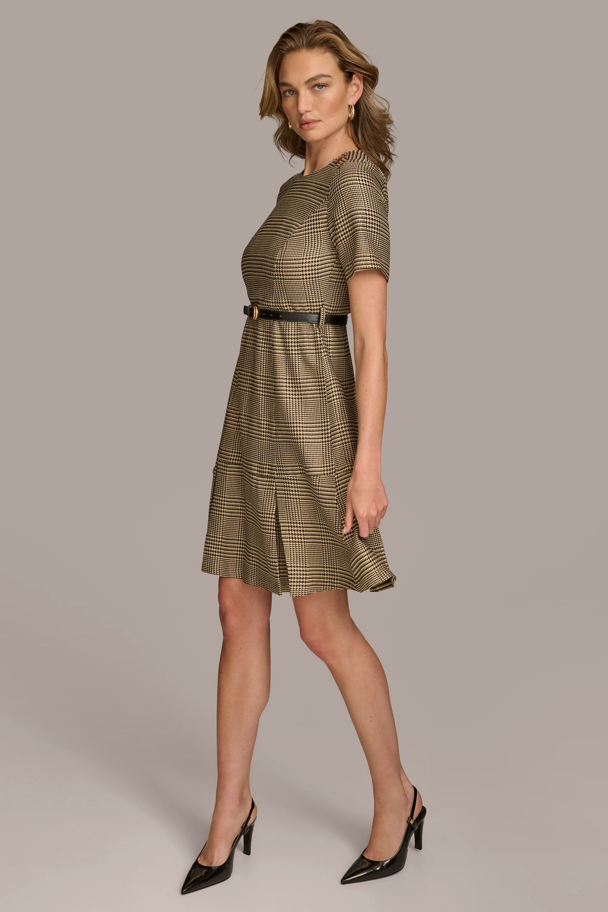 PLEATED PLAID DRESS WITH BELT | Donna Karan