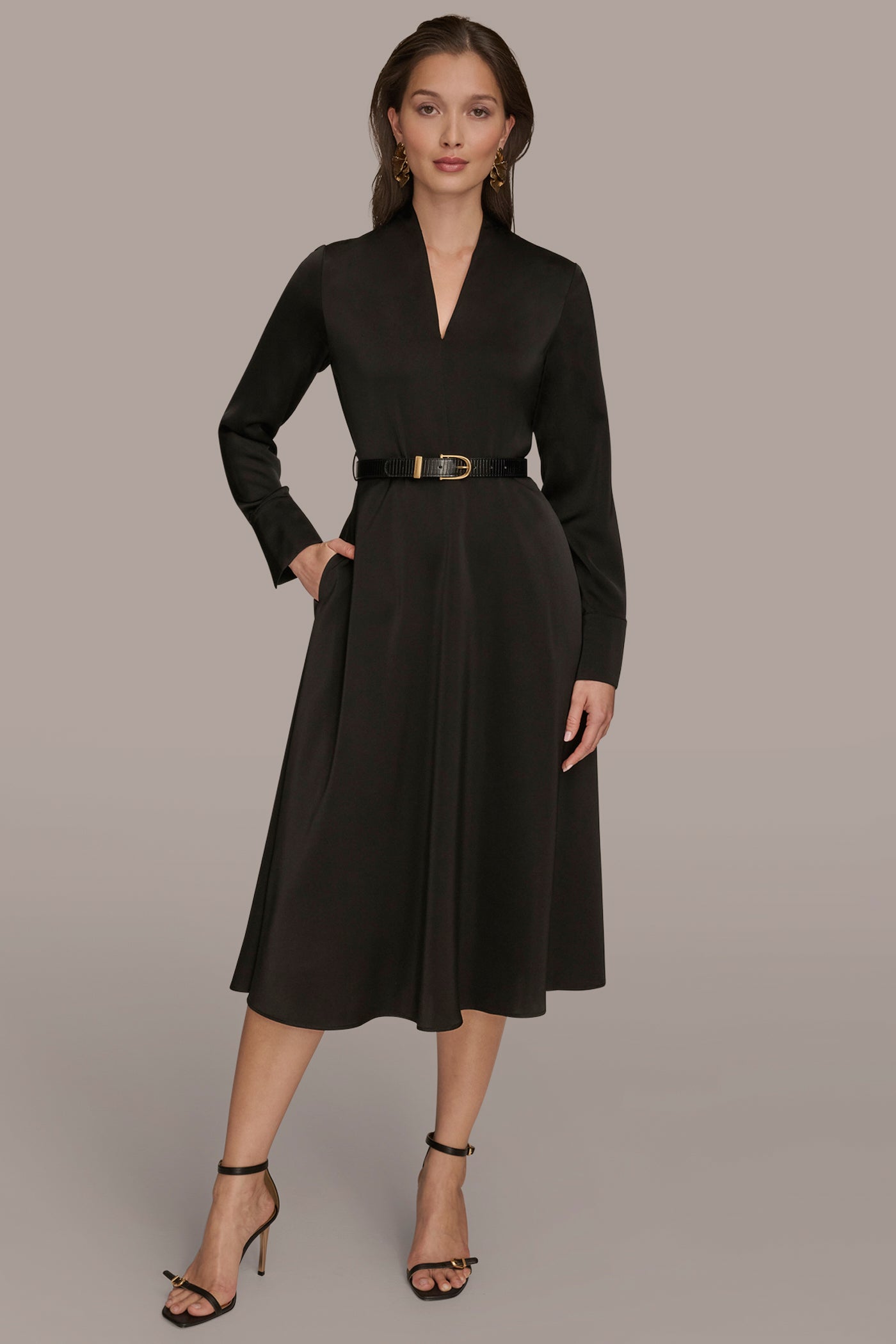 BELTED V-NECK MIDI DRESS | View 1 | Essential Dresses BELTED V-NECK MIDI DRESS | View 1 | Essential Dresses