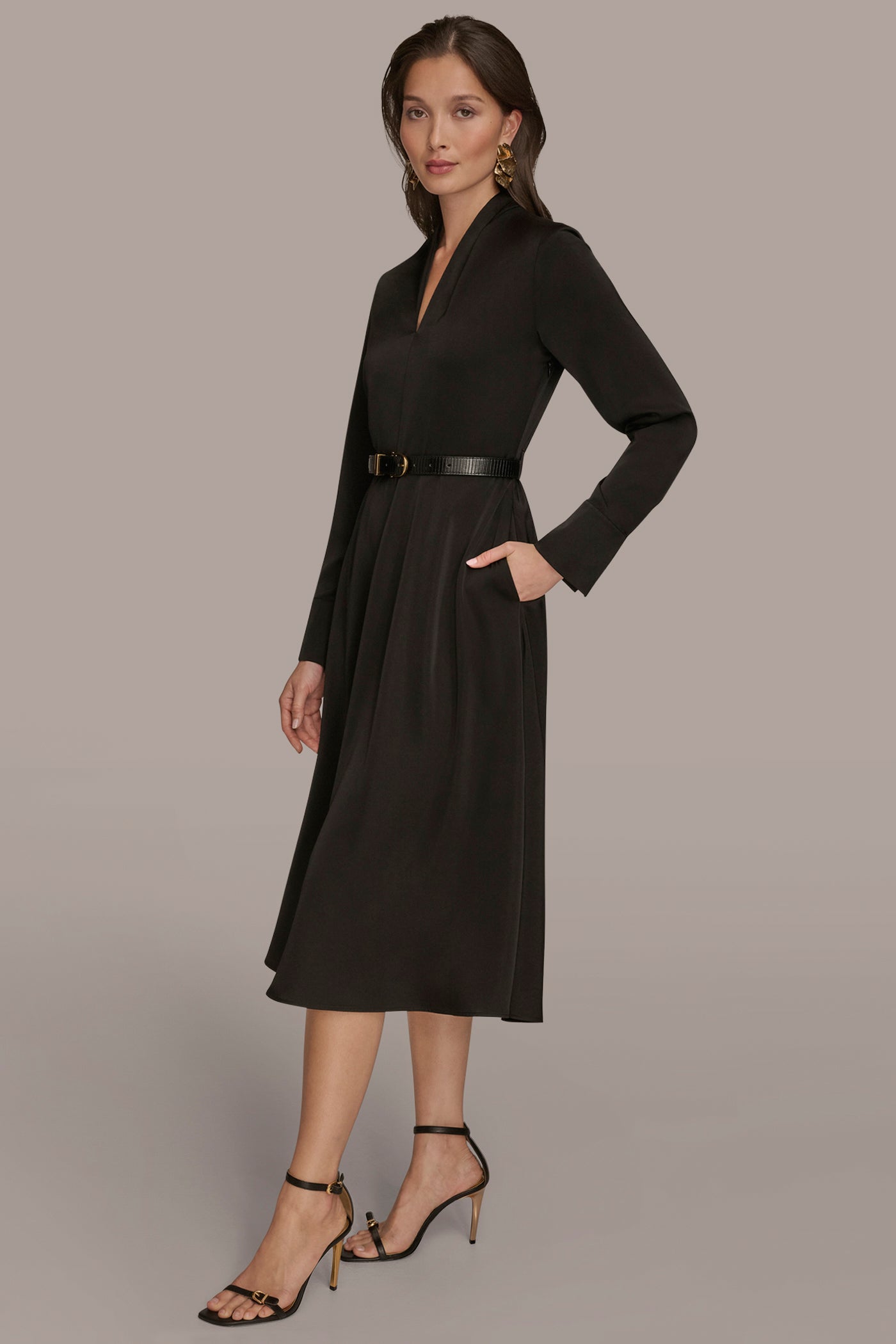 BELTED V-NECK MIDI DRESS VIEW 3 BELTED V-NECK MIDI DRESS VIEW 3