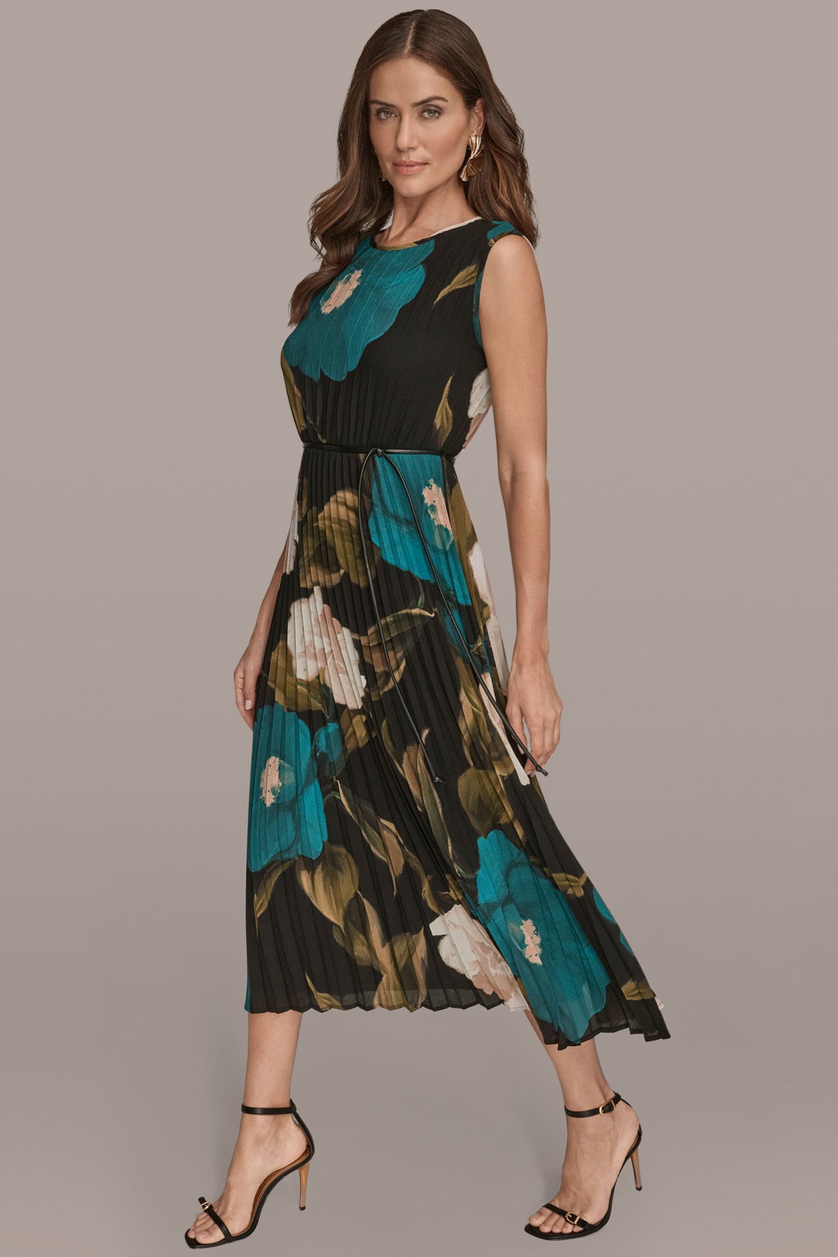 silk dress floral Donna Karan Women's Chiffon Pleated Floral A-Line Dress - Midnight Green Multi