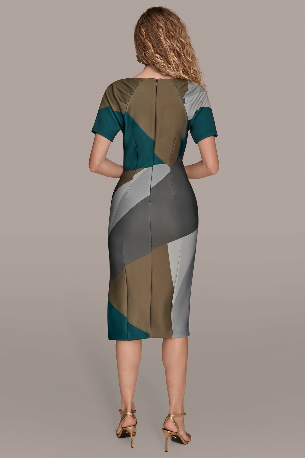 short sleeve boat neck color block scuba midi sheath dress Donna Karan Short Sleeve Boat Neck Abstract Print Color Block Scuba Midi  Sheath Dress